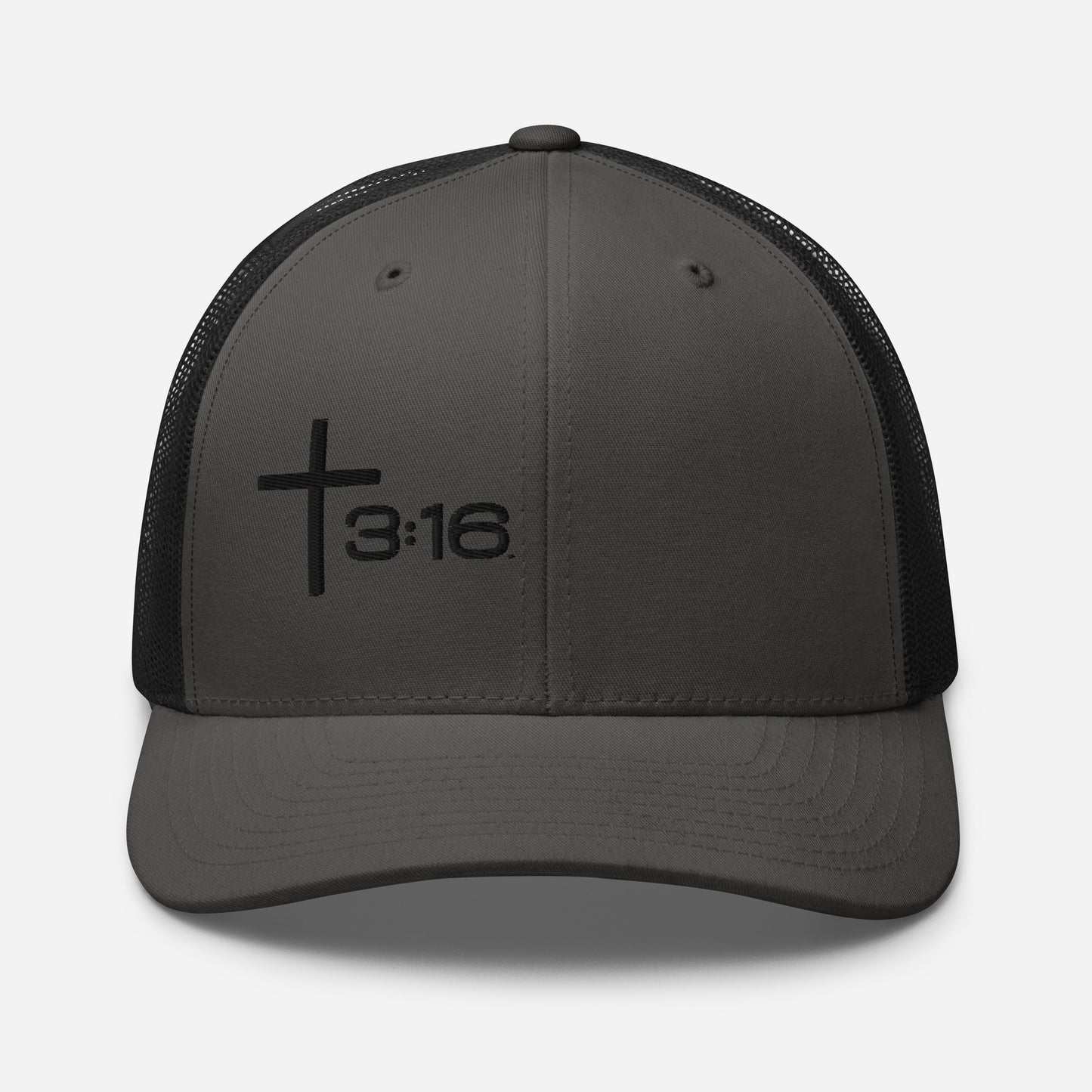 T316 Icon embroidered Christian trucker hat in charcoal black— Trinity 3:16 faith apparel