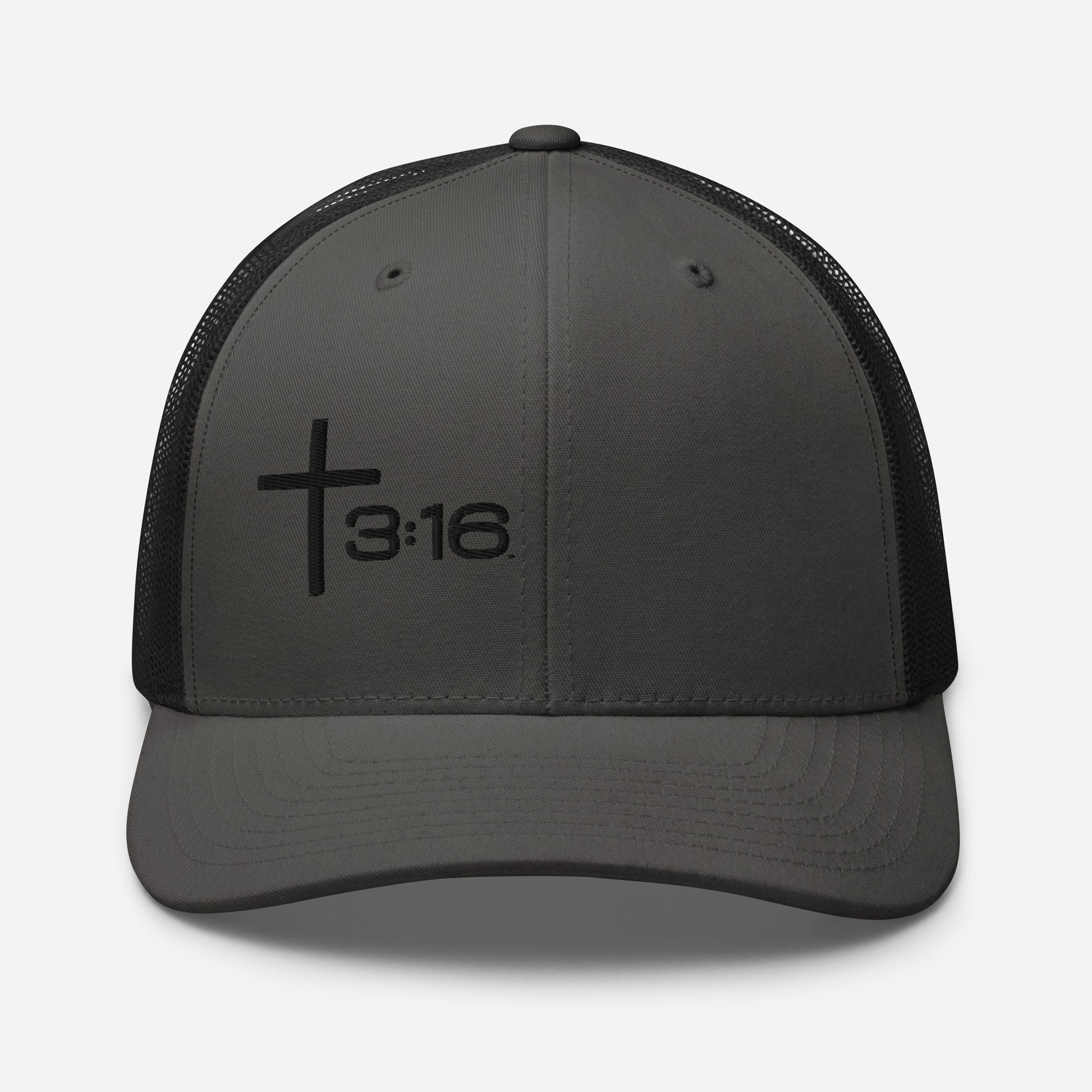 T316 Icon embroidered Christian trucker hat in charcoal black— Trinity 3:16 faith apparel