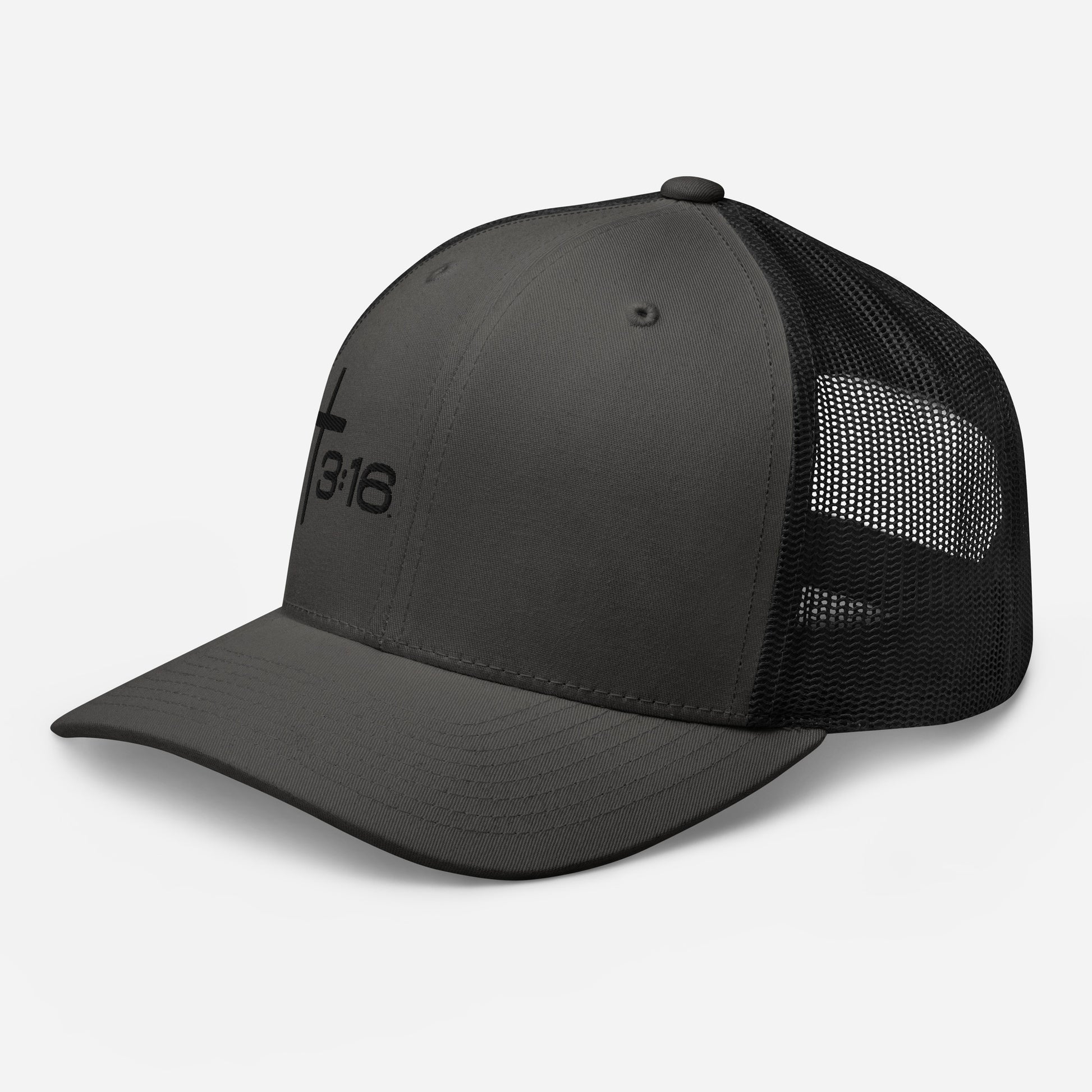 T316 Icon embroidered Christian trucker hat in charcoal black— Trinity 3:16 faith apparel
