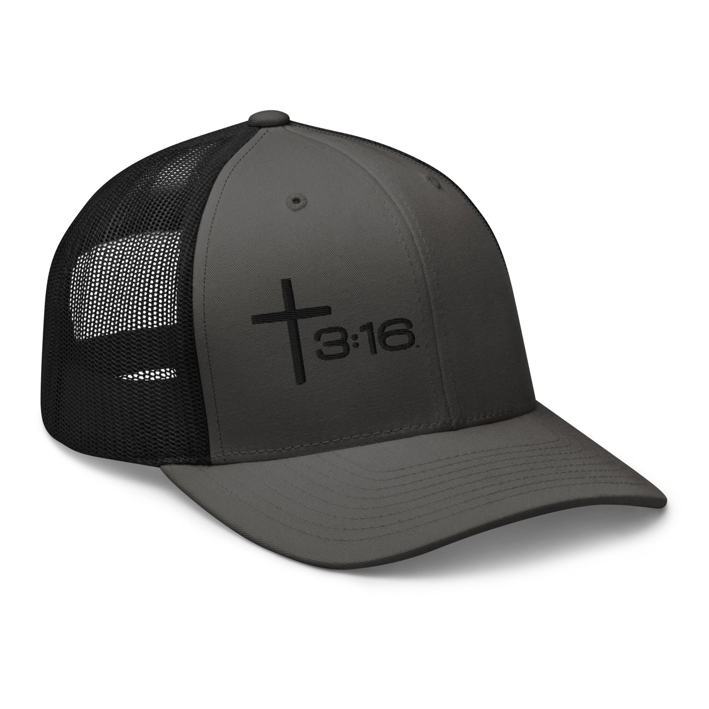 T316 Icon embroidered Christian trucker hat in charcoal black— Trinity 3:16 faith apparel