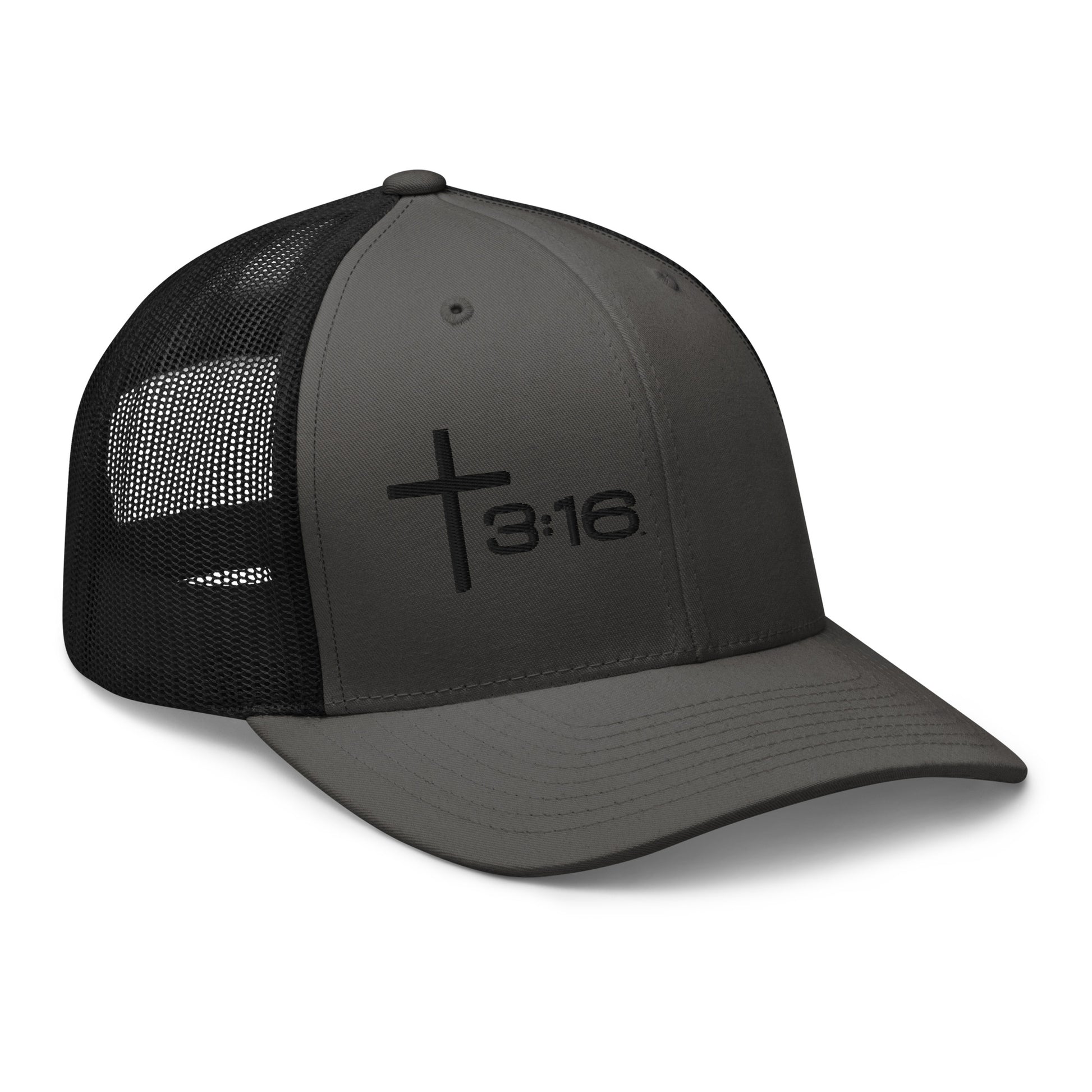 T316 Icon embroidered Christian trucker hat in charcoal black— Trinity 3:16 faith apparel
