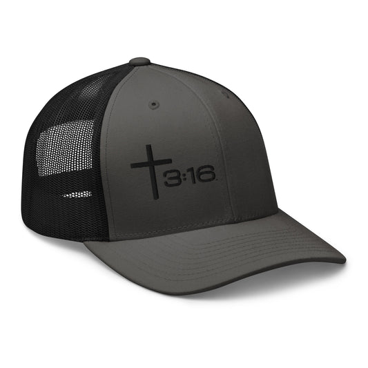 T316 Icon embroidered Christian trucker hat in charcoal black— Trinity 3:16 faith apparel