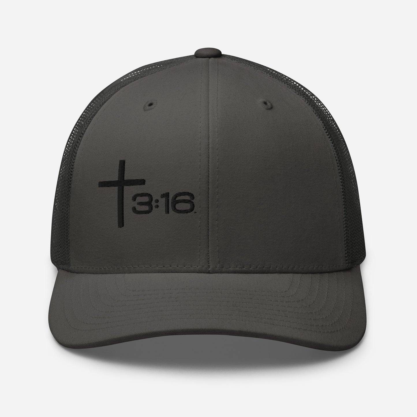 T316 Icon embroidered Christian trucker hat in charcoal — Trinity 3:16 faith apparel