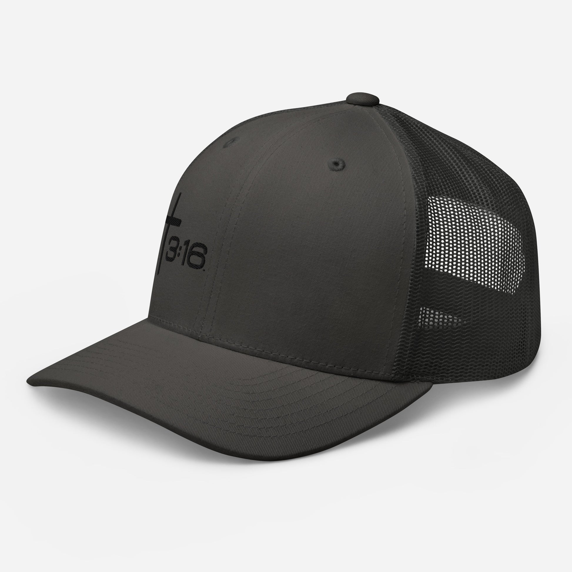 T316 Icon embroidered Christian trucker hat in charcoal — Trinity 3:16 faith apparel