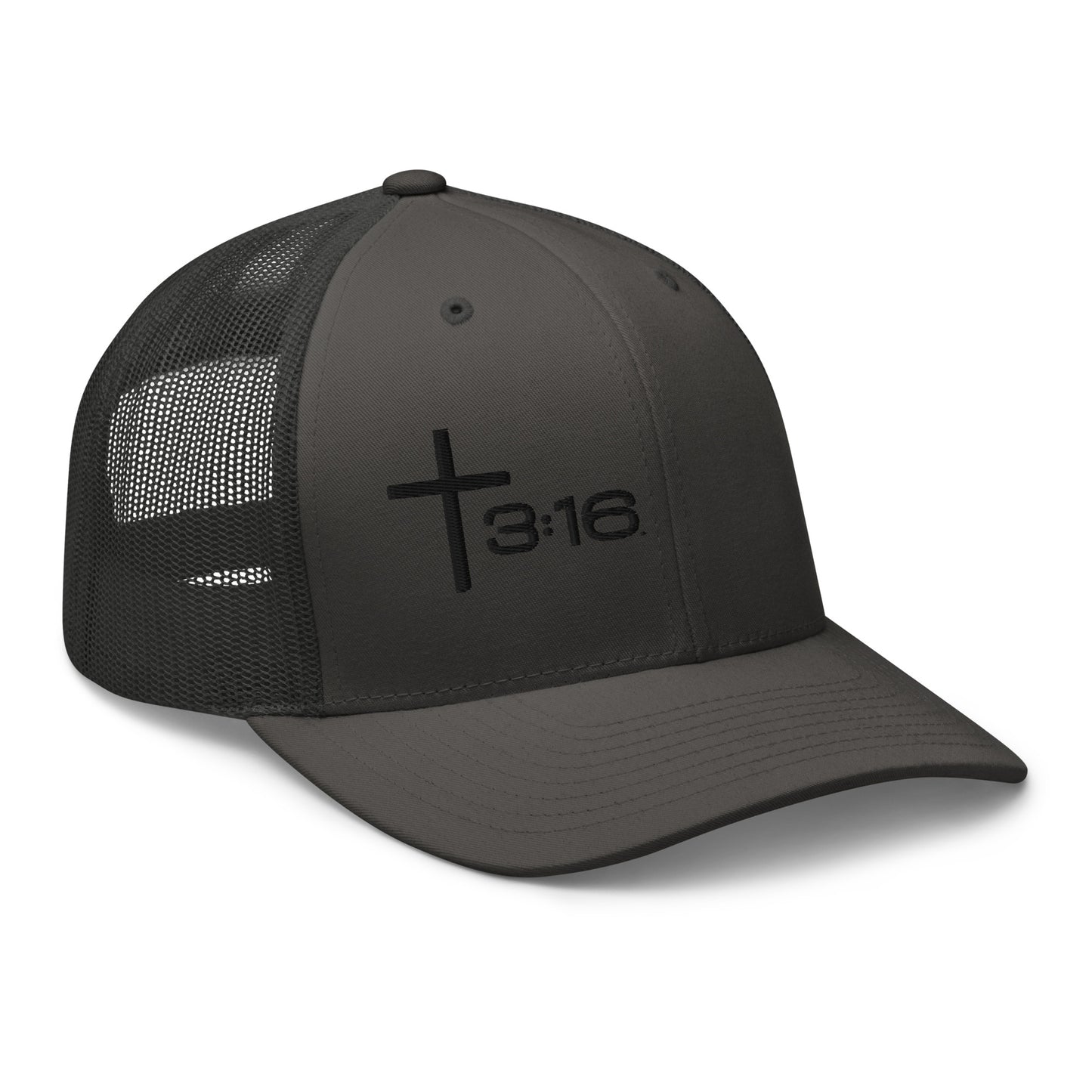 T316 Icon embroidered Christian trucker hat in charcoal — Trinity 3:16 faith apparel