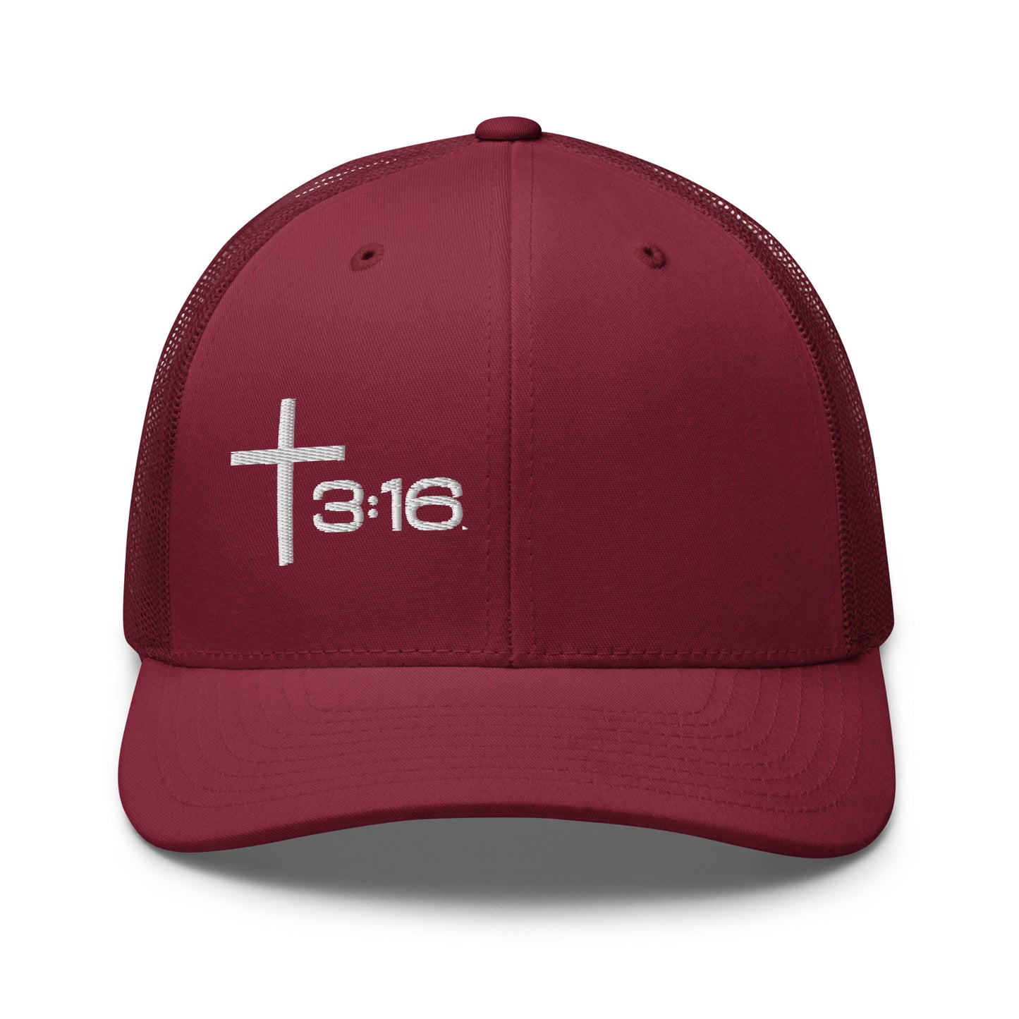 T316 Icon embroidered Christian trucker hat in cranberry — Trinity 3:16 faith apparel
