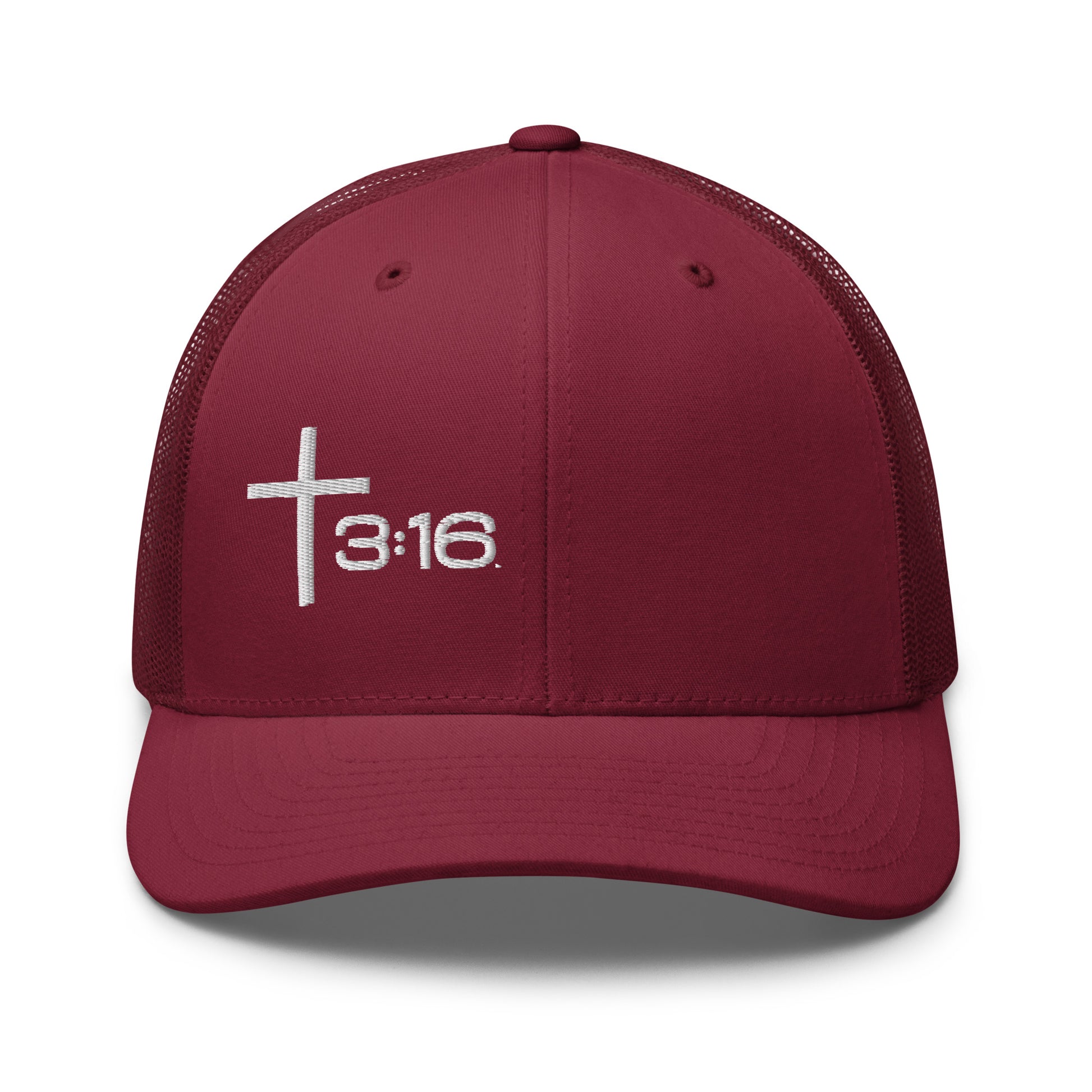T316 Icon embroidered Christian trucker hat in cranberry — Trinity 3:16 faith apparel