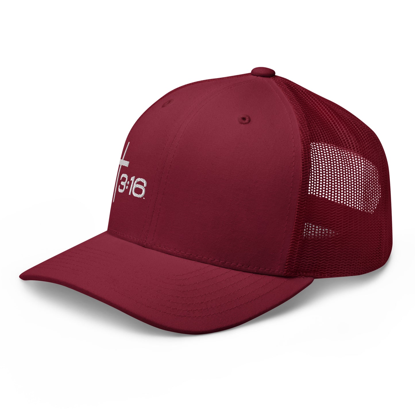 T316 Icon embroidered Christian trucker hat in cranberry — Trinity 3:16 faith apparel