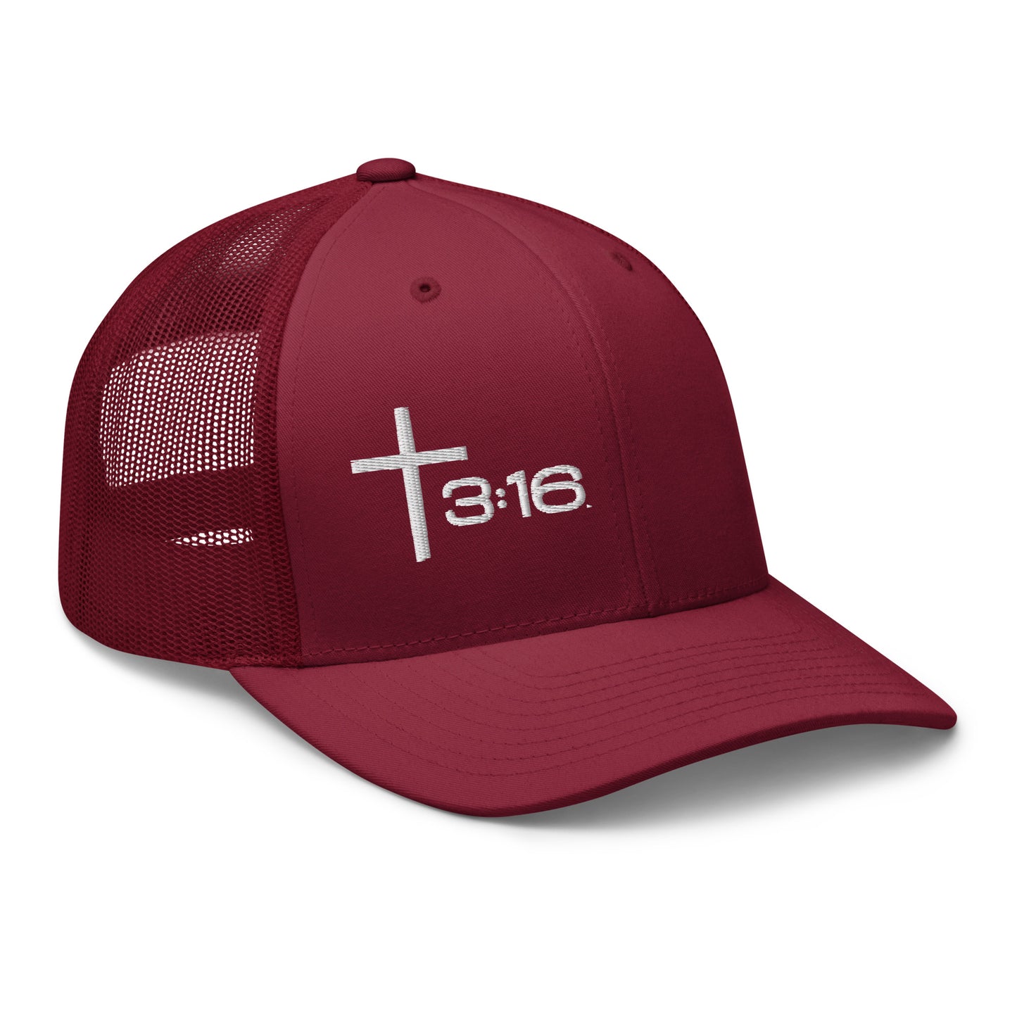 T316 Icon embroidered Christian trucker hat in cranberry — Trinity 3:16 faith apparel