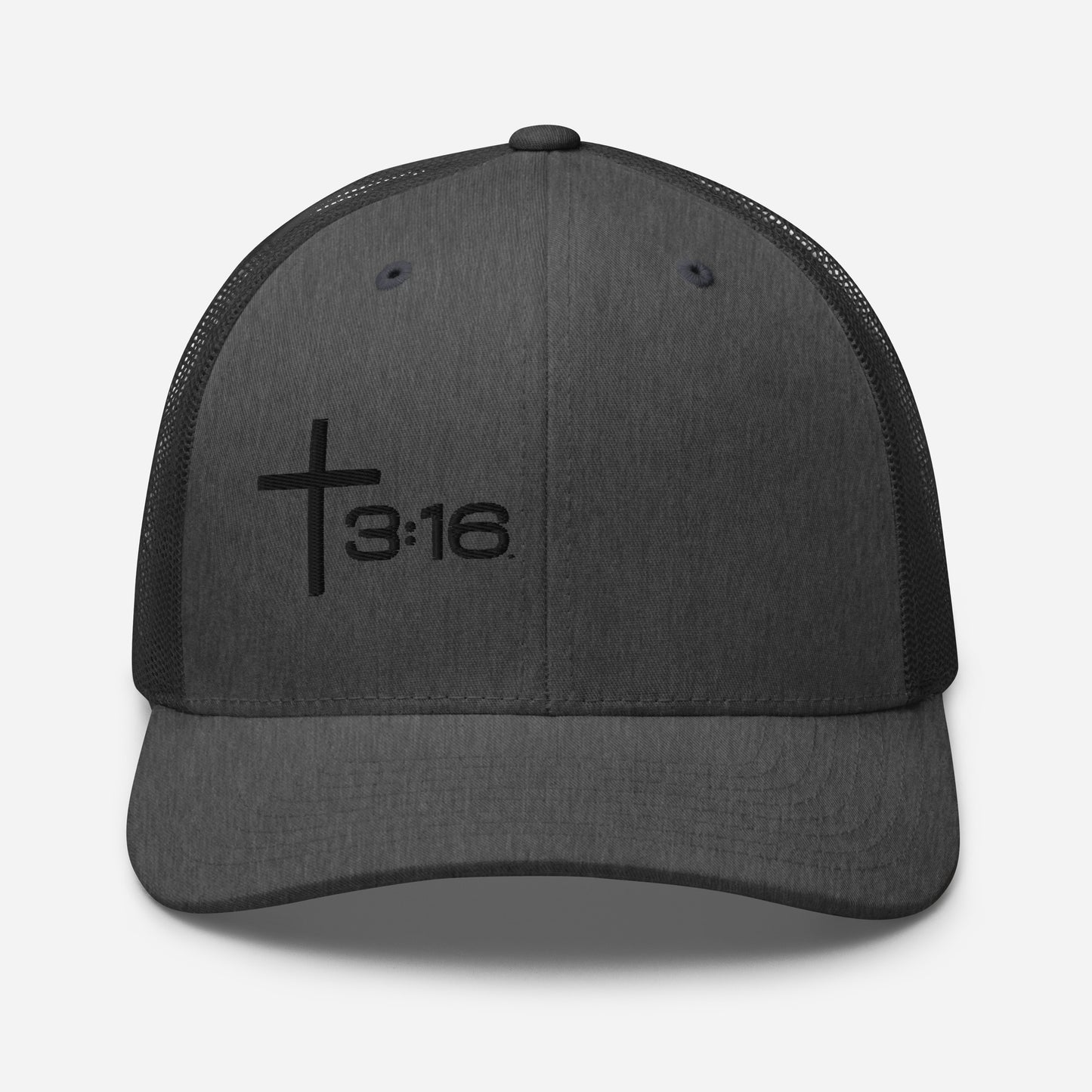 T316 Icon embroidered Christian trucker hat in dark heather grey — Trinity 3:16 faith apparel