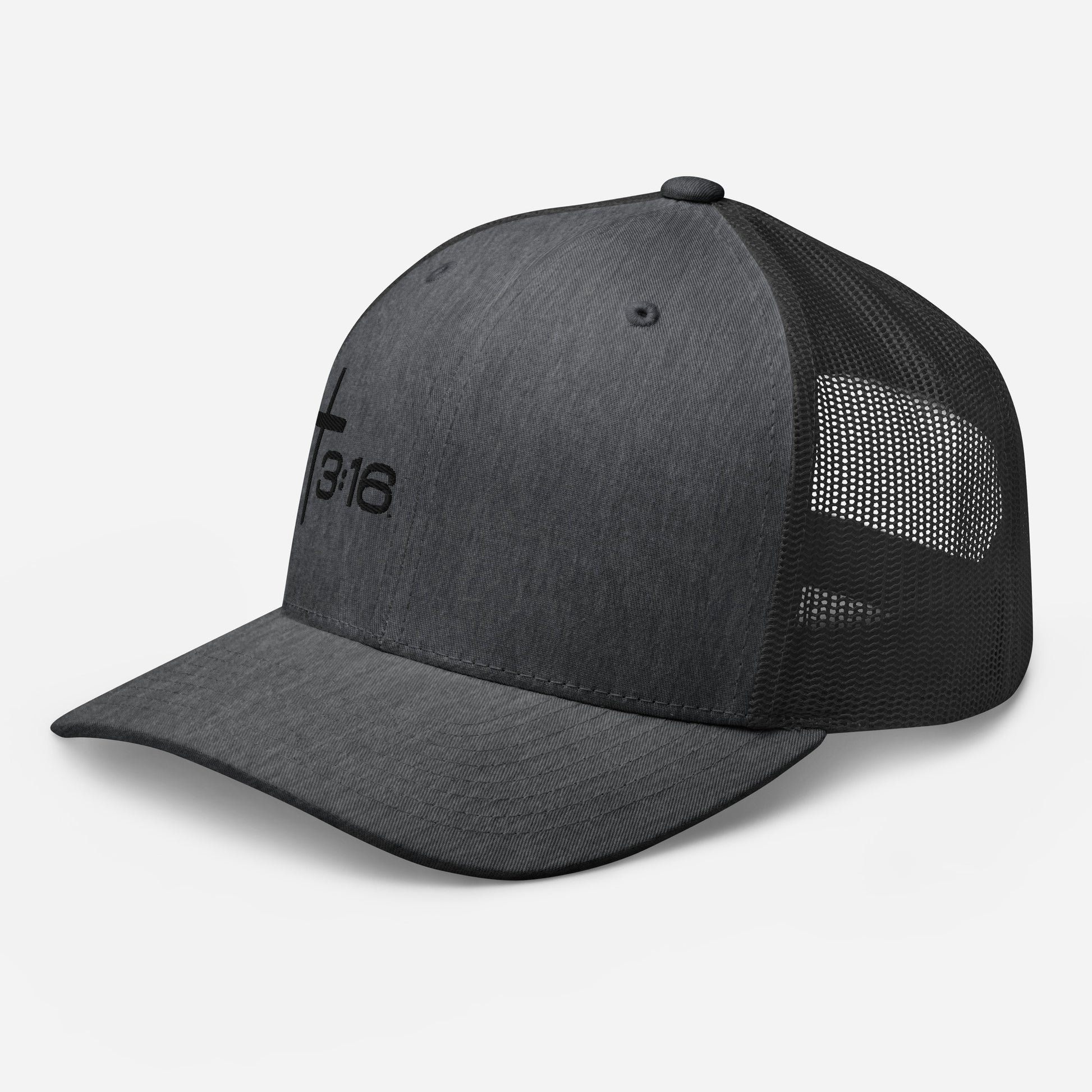 T316 Icon embroidered Christian trucker hat in dark heather grey — Trinity 3:16 faith apparel