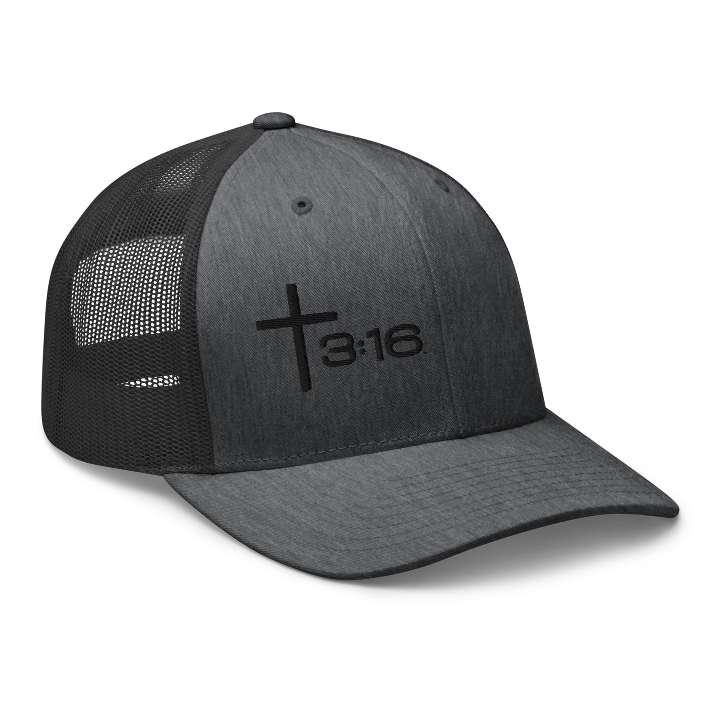T316 Icon embroidered Christian trucker hat in dark heather grey — Trinity 3:16 faith apparel