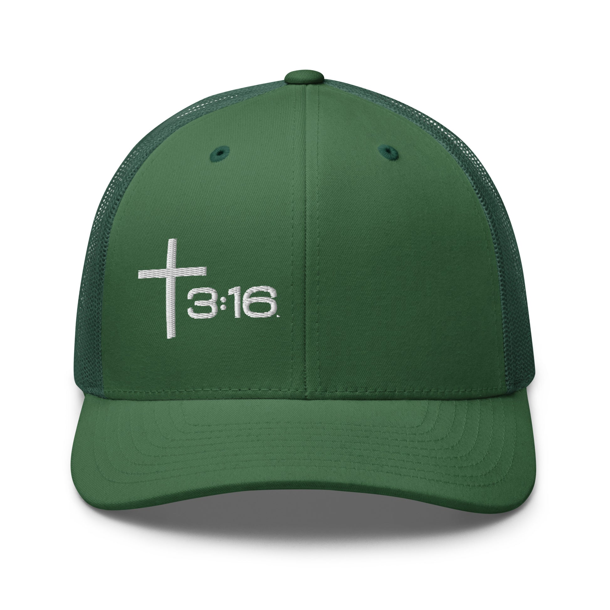 T316 Icon embroidered Christian trucker hat in evergreen — Trinity 3:16 faith apparel