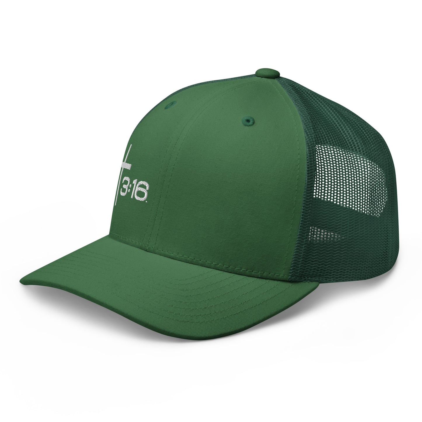 T316 Icon embroidered Christian trucker hat in evergreen — Trinity 3:16 faith apparel