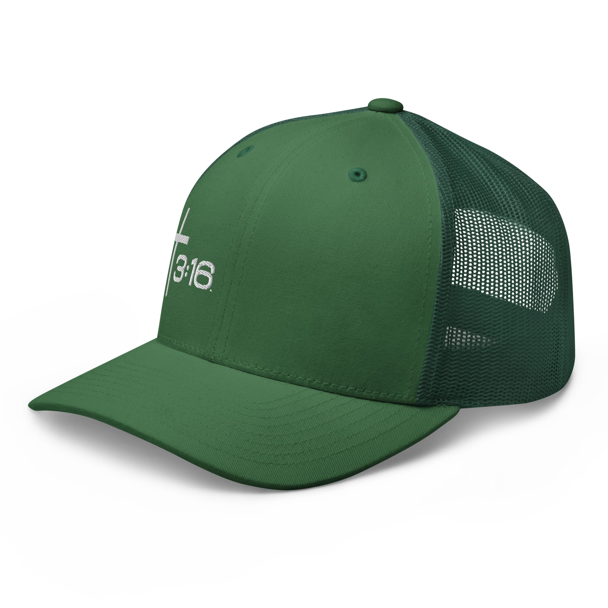 T316 Icon embroidered Christian trucker hat in evergreen — Trinity 3:16 faith apparel