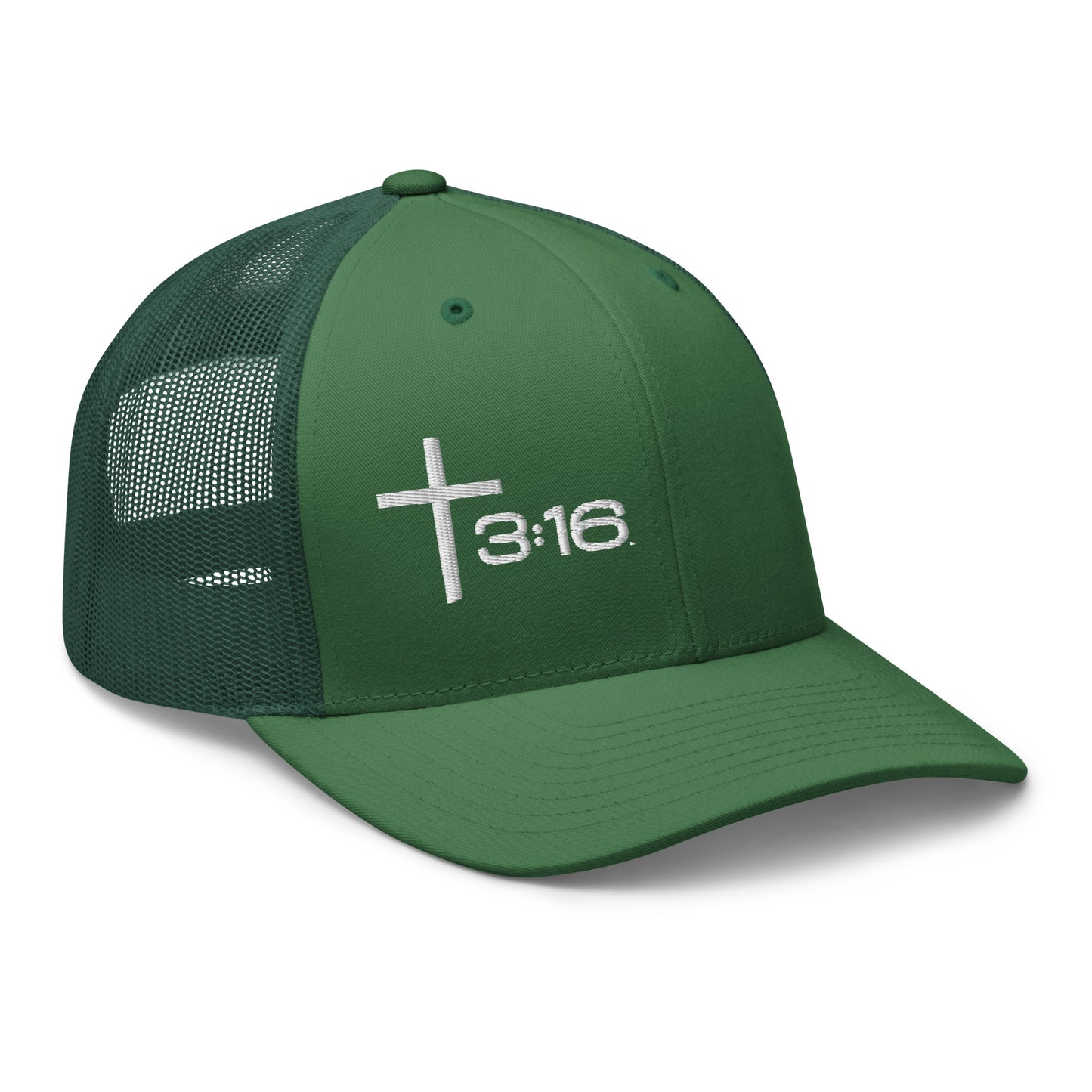 T316 Icon embroidered Christian trucker hat in evergreen — Trinity 3:16 faith apparel