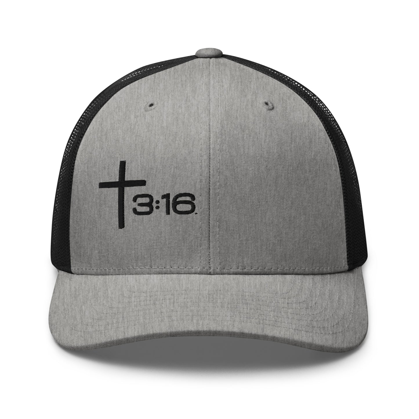 T316 Icon embroidered Christian trucker hat in heather black— Trinity 3:16 faith apparel