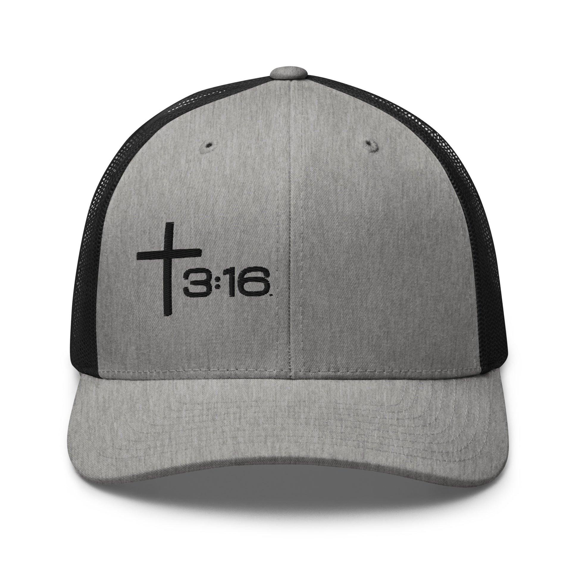 T316 Icon embroidered Christian trucker hat in heather black— Trinity 3:16 faith apparel