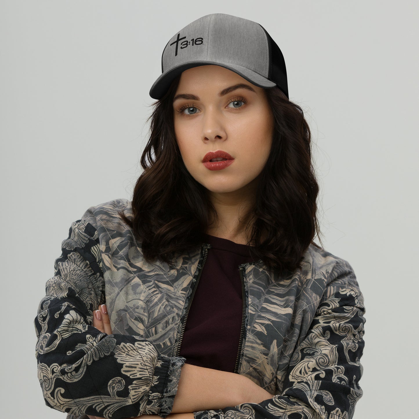 T316 Icon embroidered Christian trucker hat in grey heather black— Trinity 3:16 faith apparel