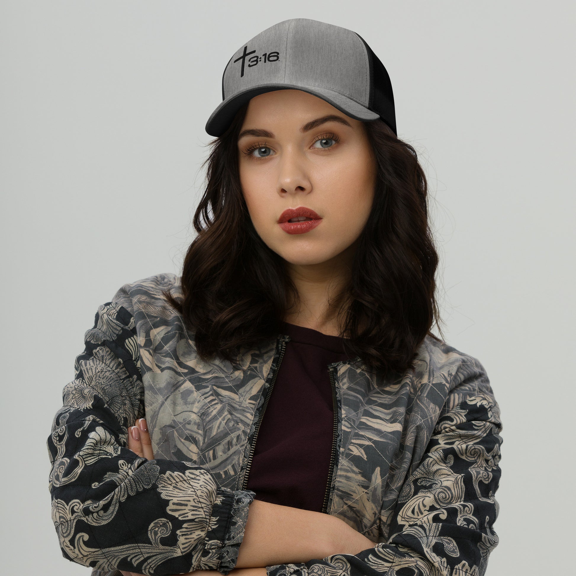 T316 Icon embroidered Christian trucker hat in grey heather black— Trinity 3:16 faith apparel