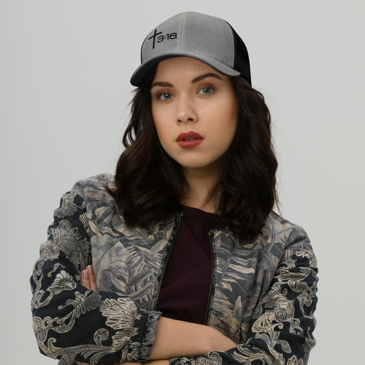 T316 Icon embroidered Christian trucker hat in grey heather black— Trinity 3:16 faith apparel