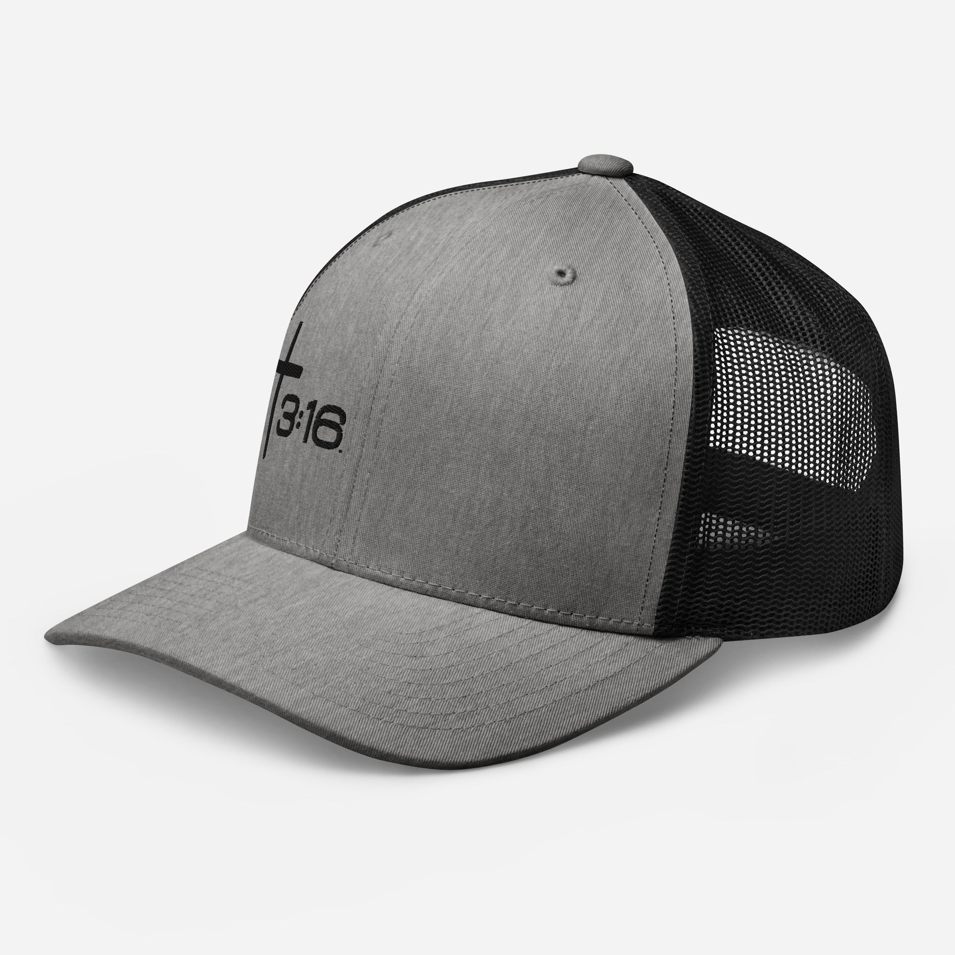 T316 Icon embroidered Christian trucker hat in heather black— Trinity 3:16 faith apparel