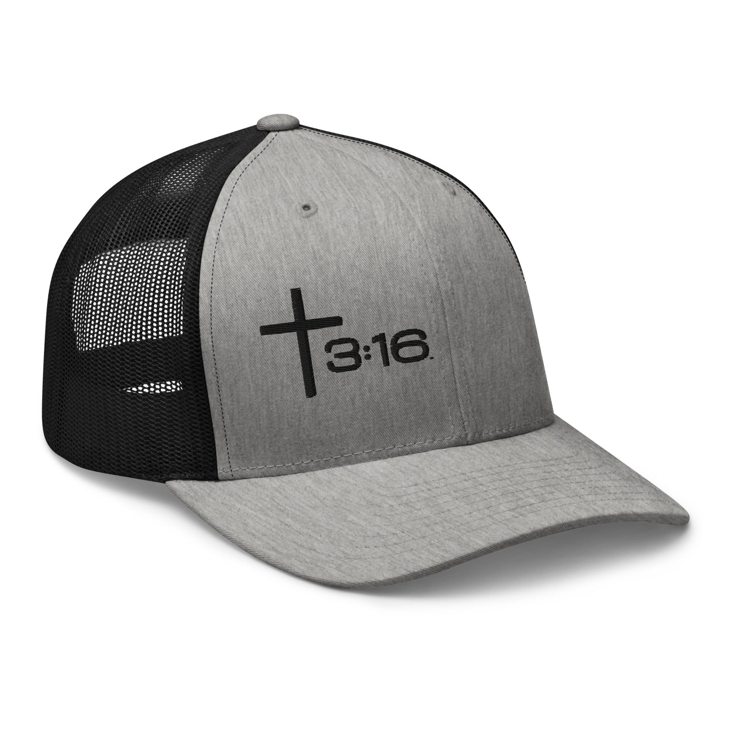 T316 Icon embroidered Christian trucker hat in heather black— Trinity 3:16 faith apparel