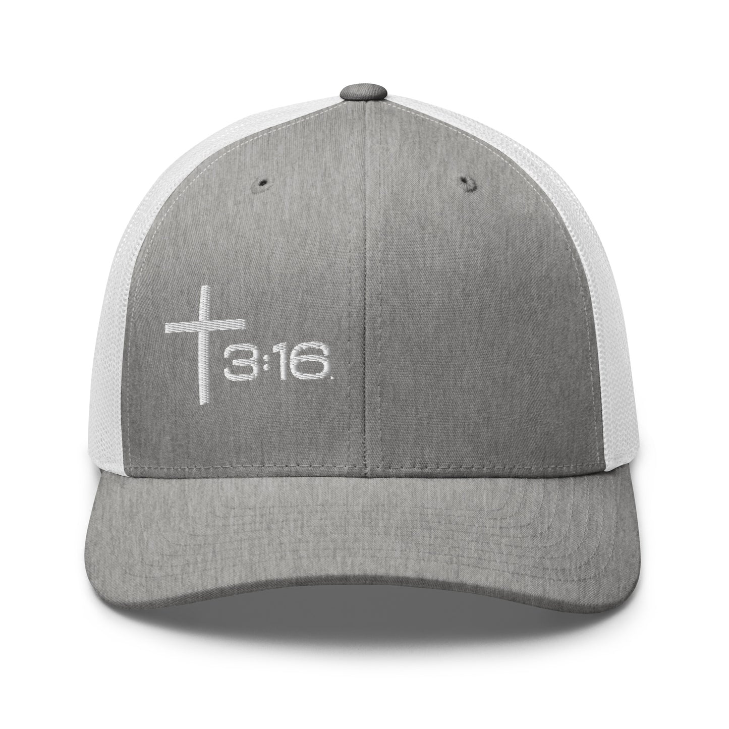 T316 Icon embroidered Christian trucker hat in heather grey/white — Trinity 3:16 faith apparel