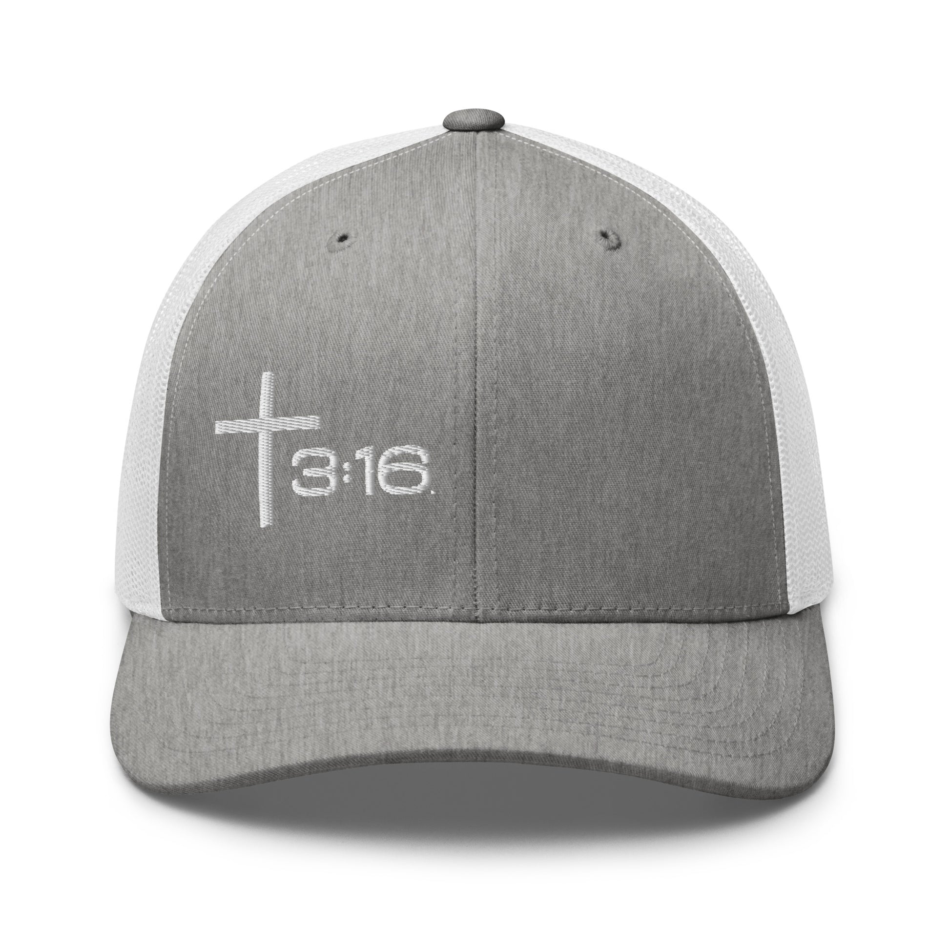 T316 Icon embroidered Christian trucker hat in heather grey/white — Trinity 3:16 faith apparel