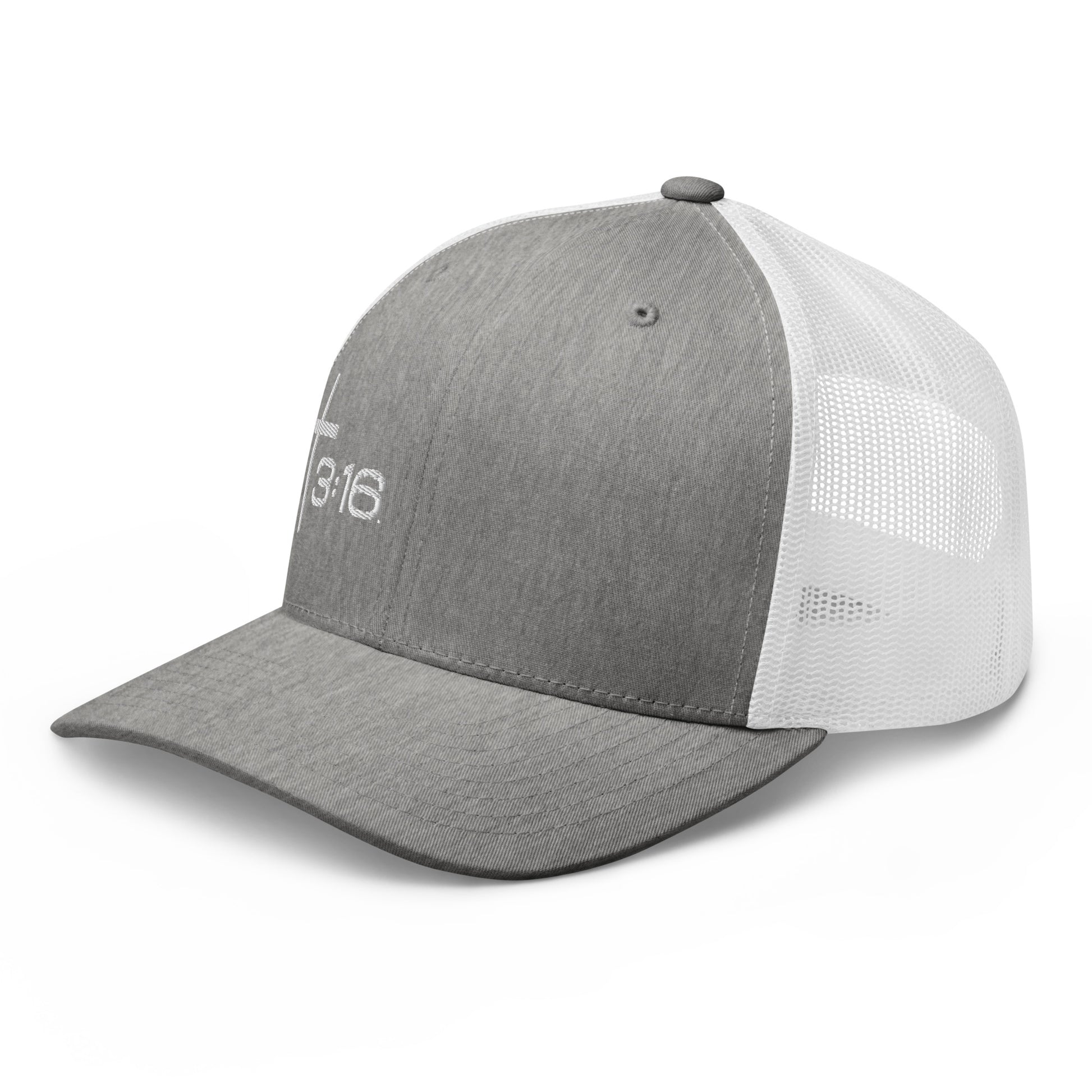 T316 Icon embroidered Christian trucker hat in heather grey/white — Trinity 3:16 faith apparel