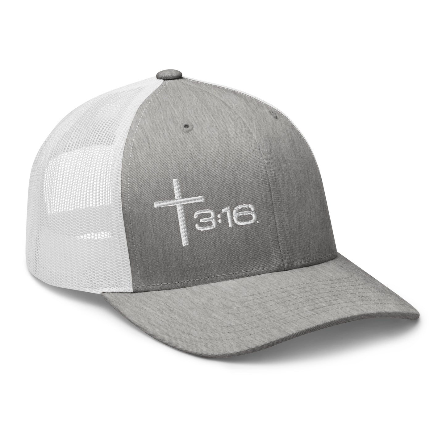 T316 Icon embroidered Christian trucker hat in heather grey/white — Trinity 3:16 faith apparel