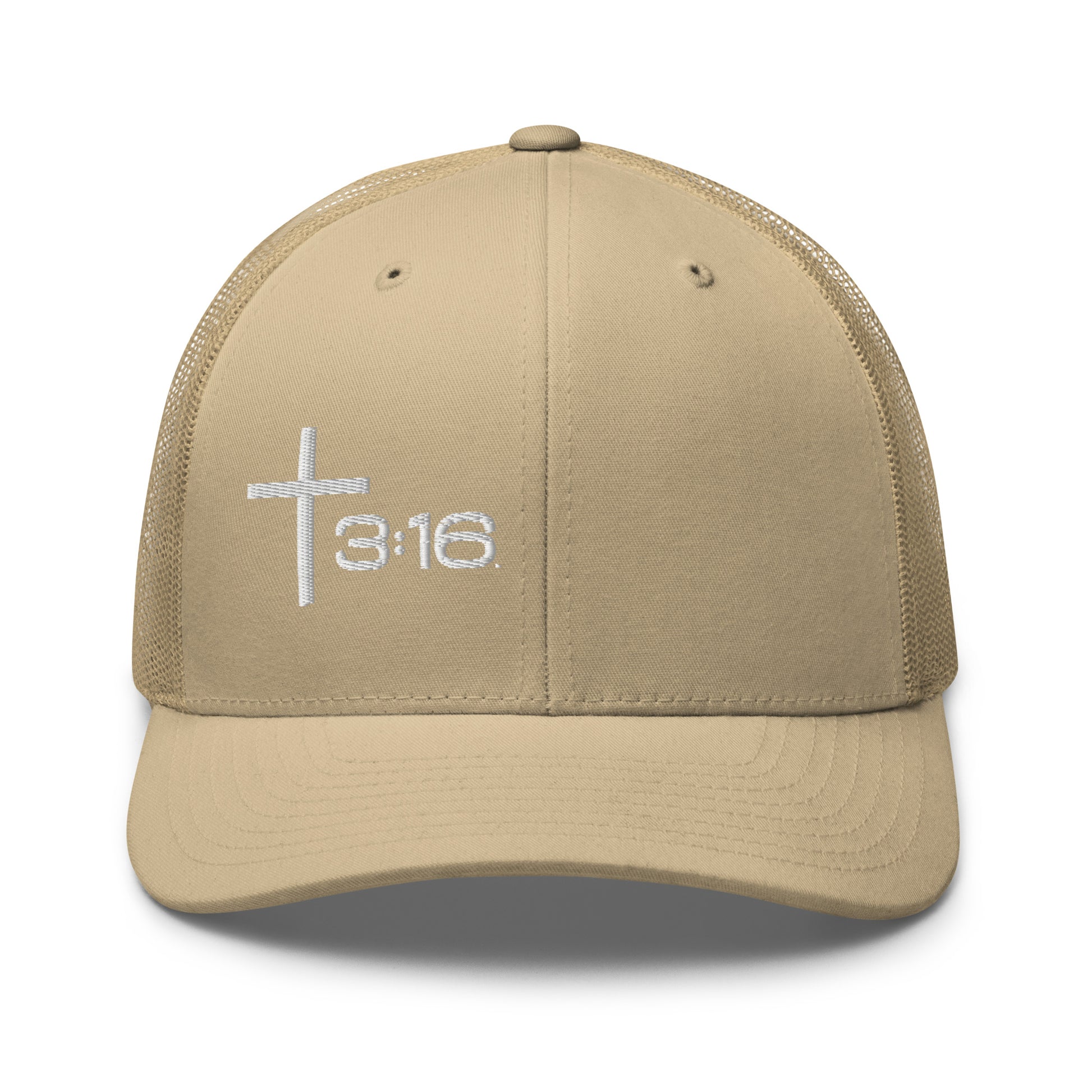 T316 Icon embroidered Christian trucker hat in khaki — Trinity 3:16 faith apparel