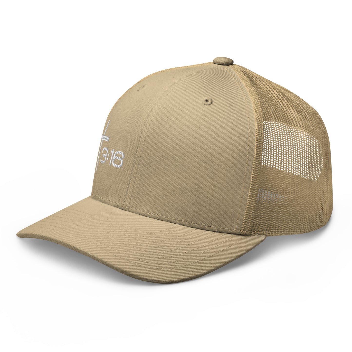 T316 Icon embroidered Christian trucker hat in khaki — Trinity 3:16 faith apparel