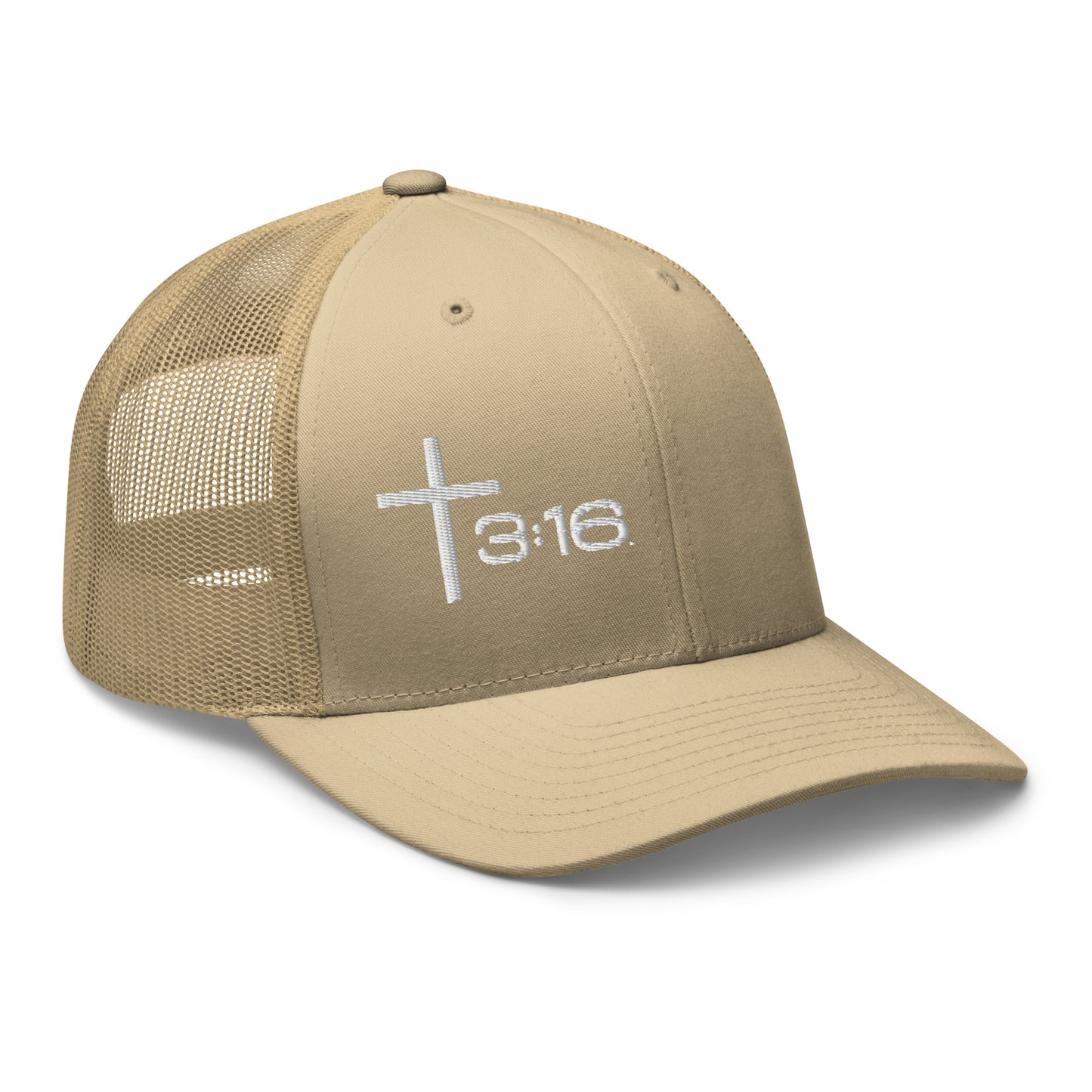 T316 Icon embroidered Christian trucker hat in khaki — Trinity 3:16 faith apparel