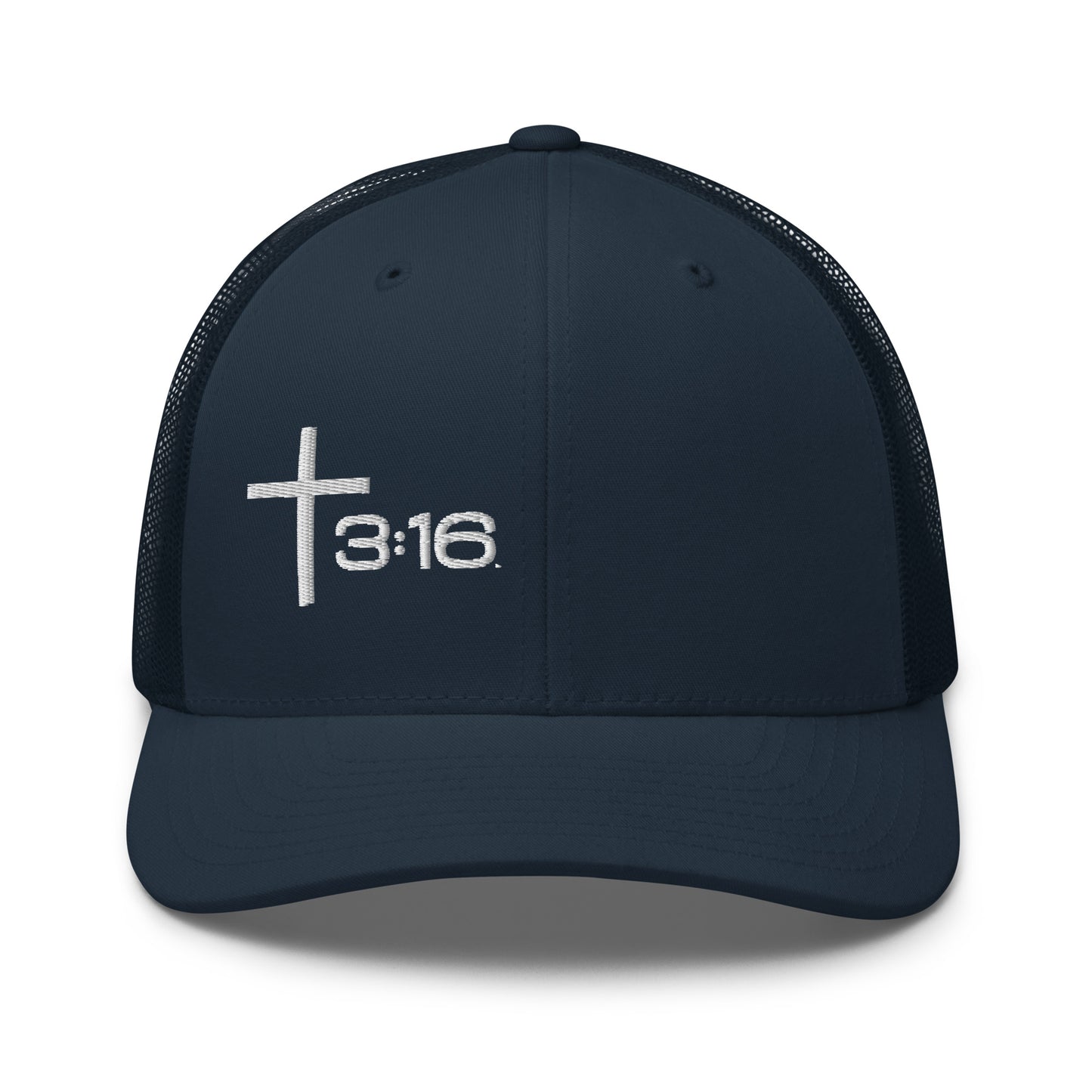 T316 Icon embroidered Christian trucker hat in navy — Trinity 3:16 faith apparel