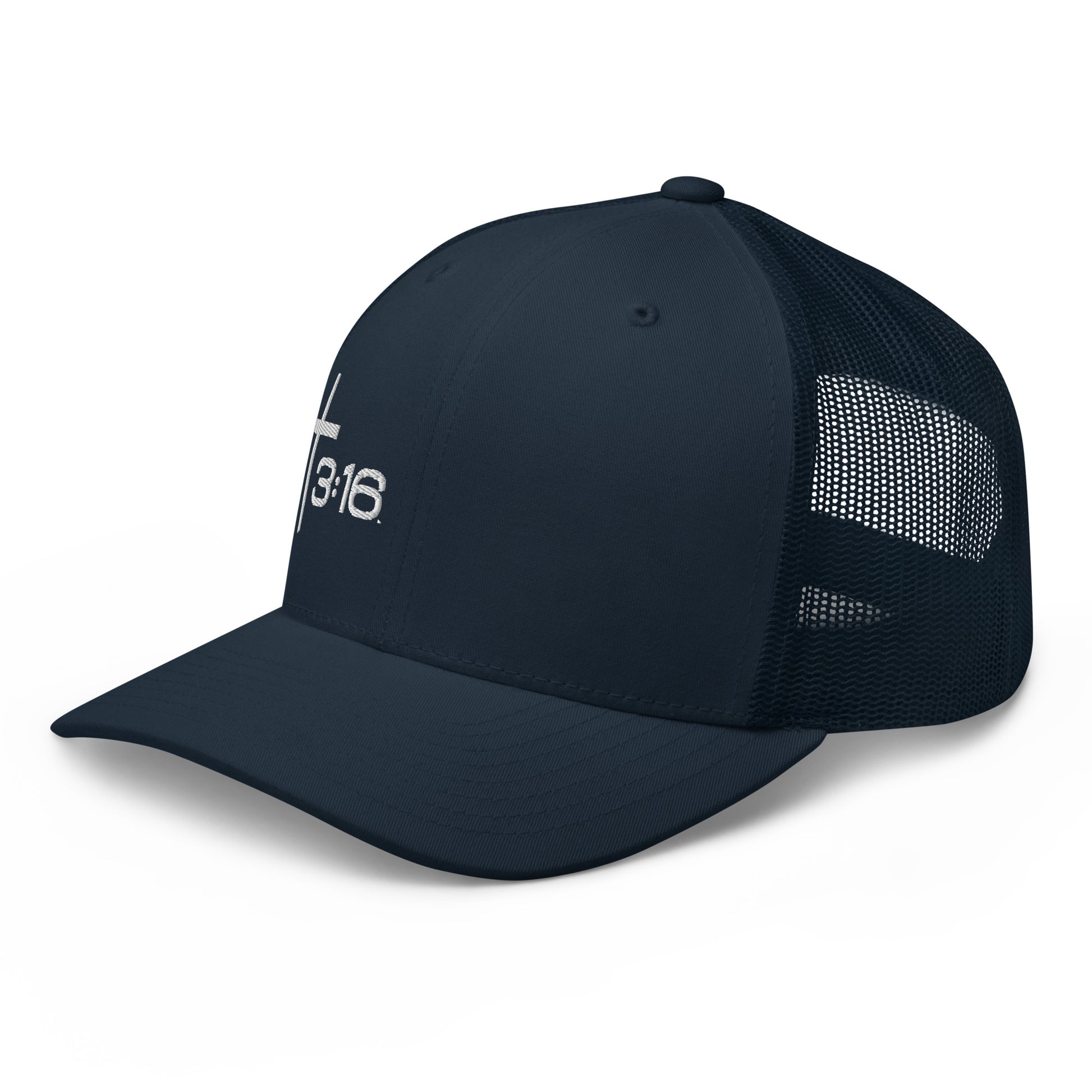 T316 Icon embroidered Christian trucker hat in navy — Trinity 3:16 faith apparel