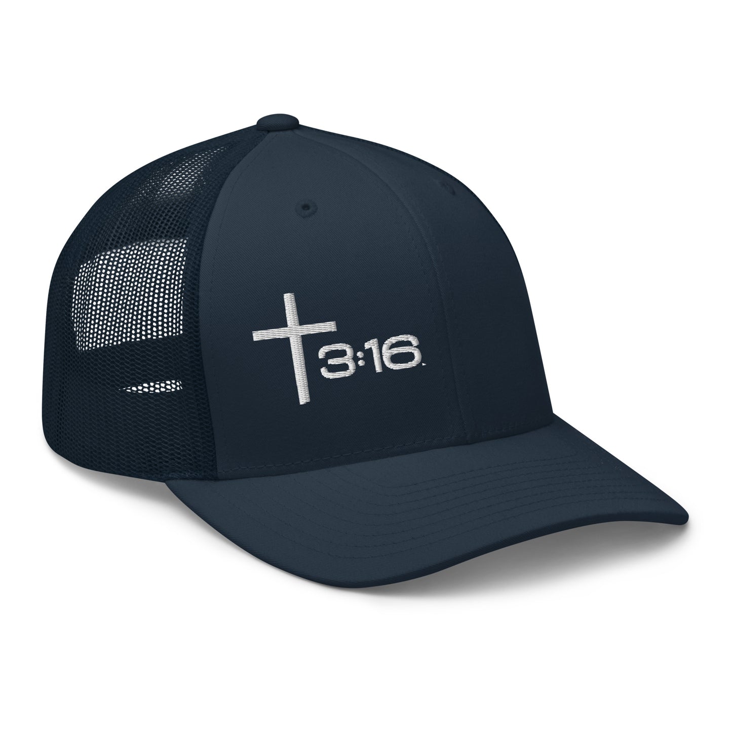 T316 Icon embroidered Christian trucker hat in navy — Trinity 3:16 faith apparel