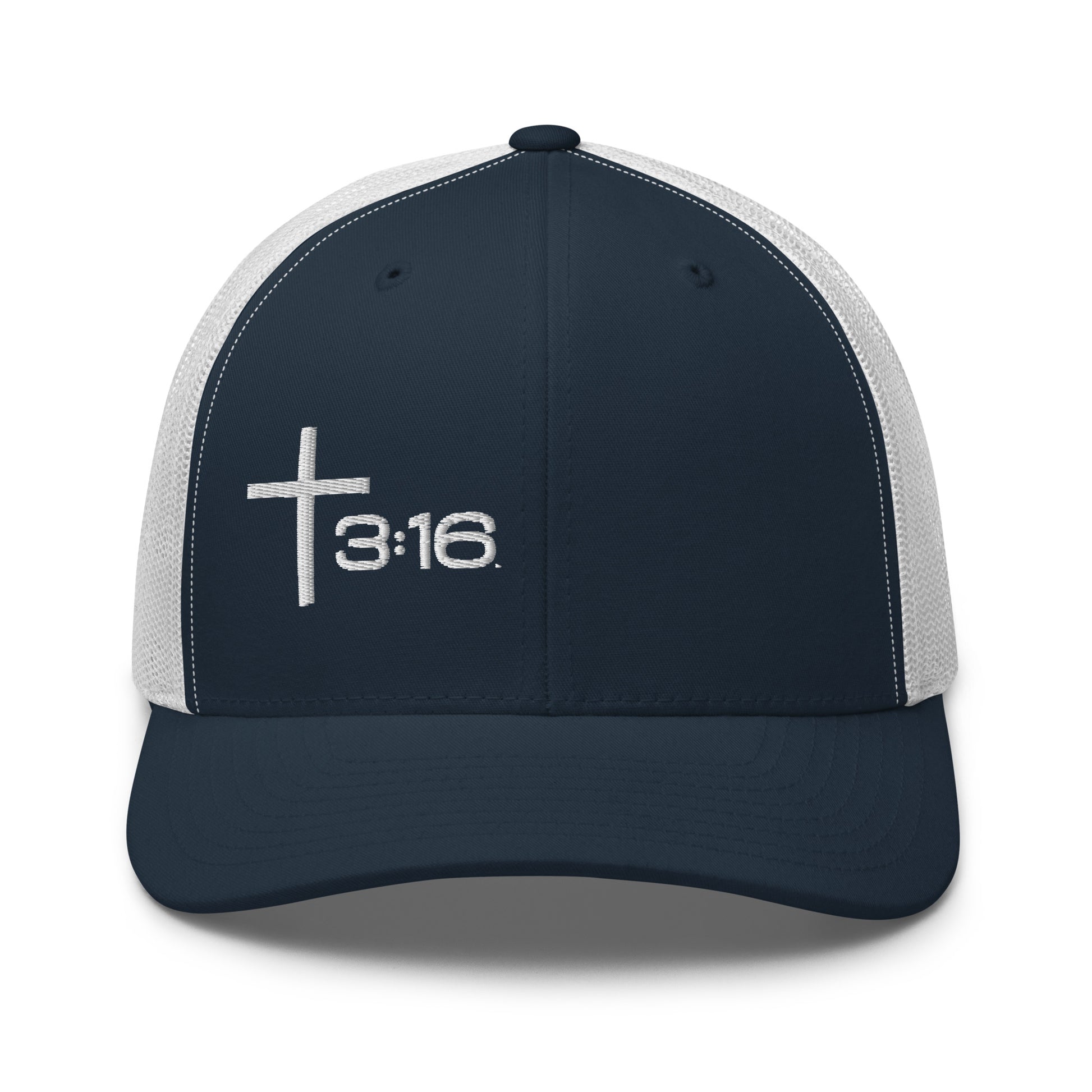 T316 Icon embroidered Christian trucker hat in navy/white — Trinity 3:16 faith apparel