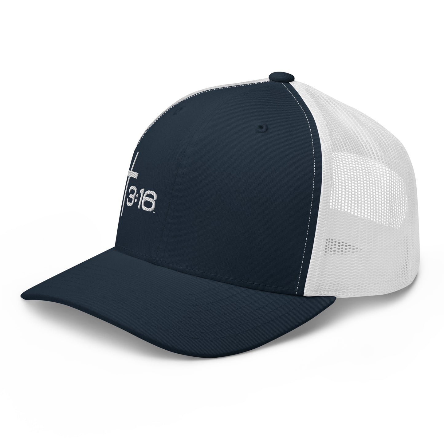 T316 Icon embroidered Christian trucker hat in navy/white — Trinity 3:16 faith apparel