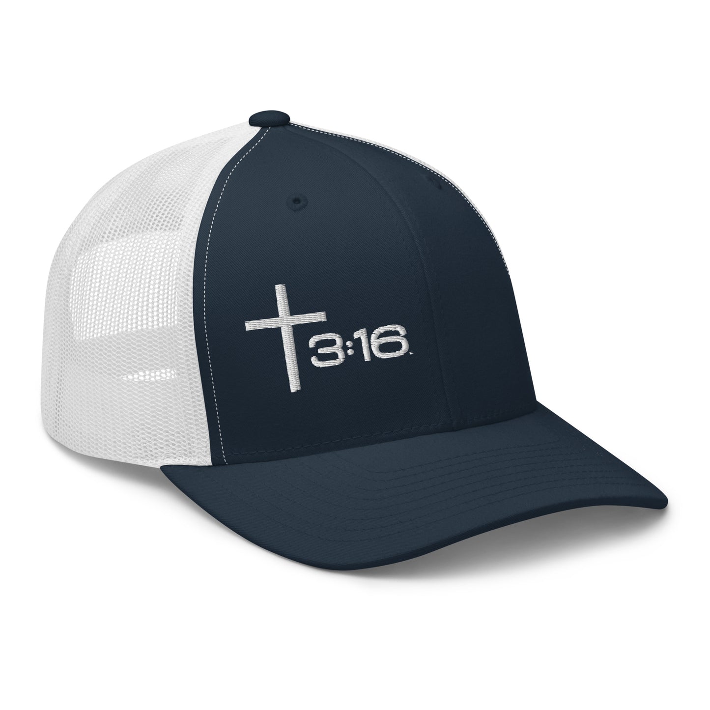 T316 Icon embroidered Christian trucker hat in navy/white — Trinity 3:16 faith apparel