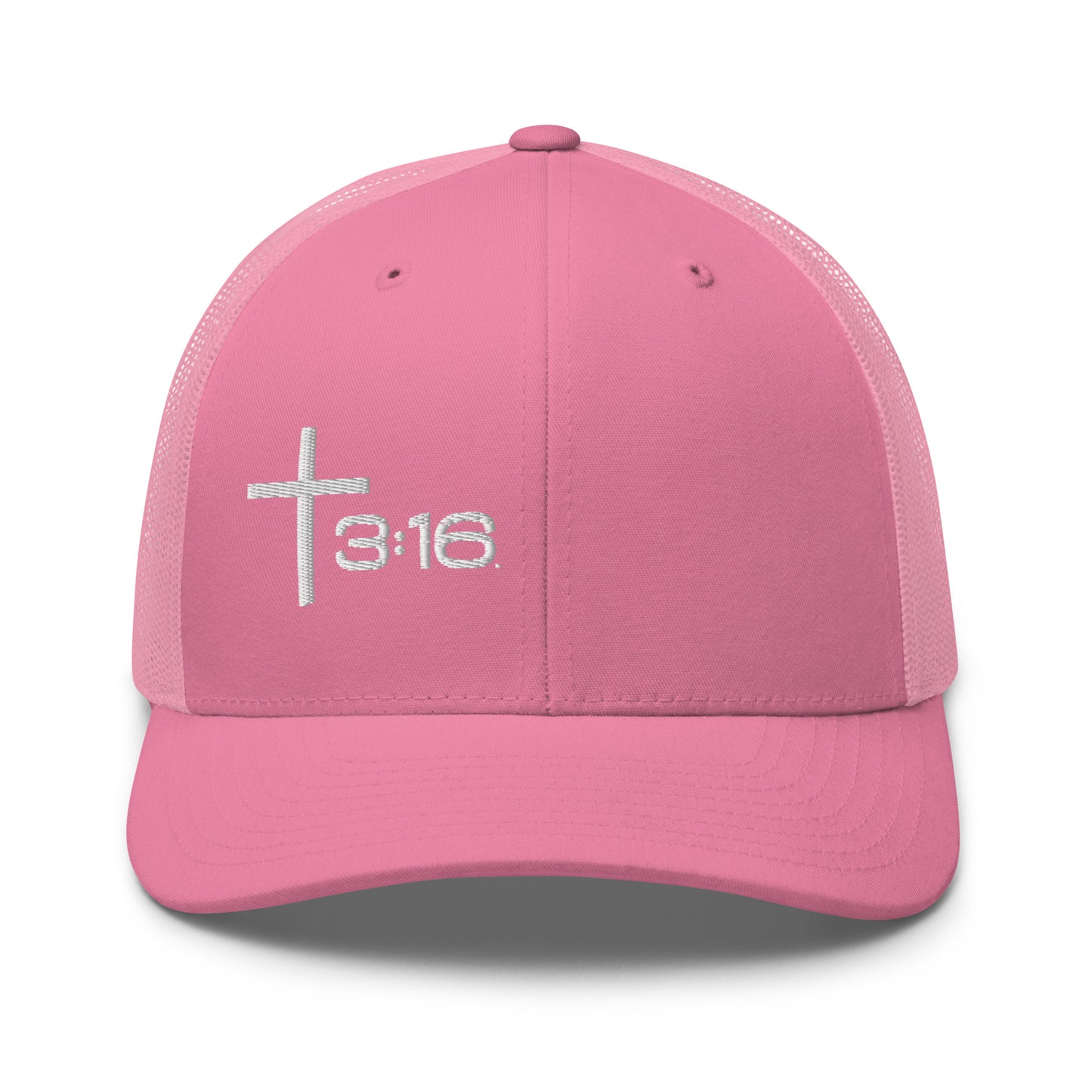 T316 Icon embroidered Christian trucker hat in pink — Trinity 3:16 faith apparel