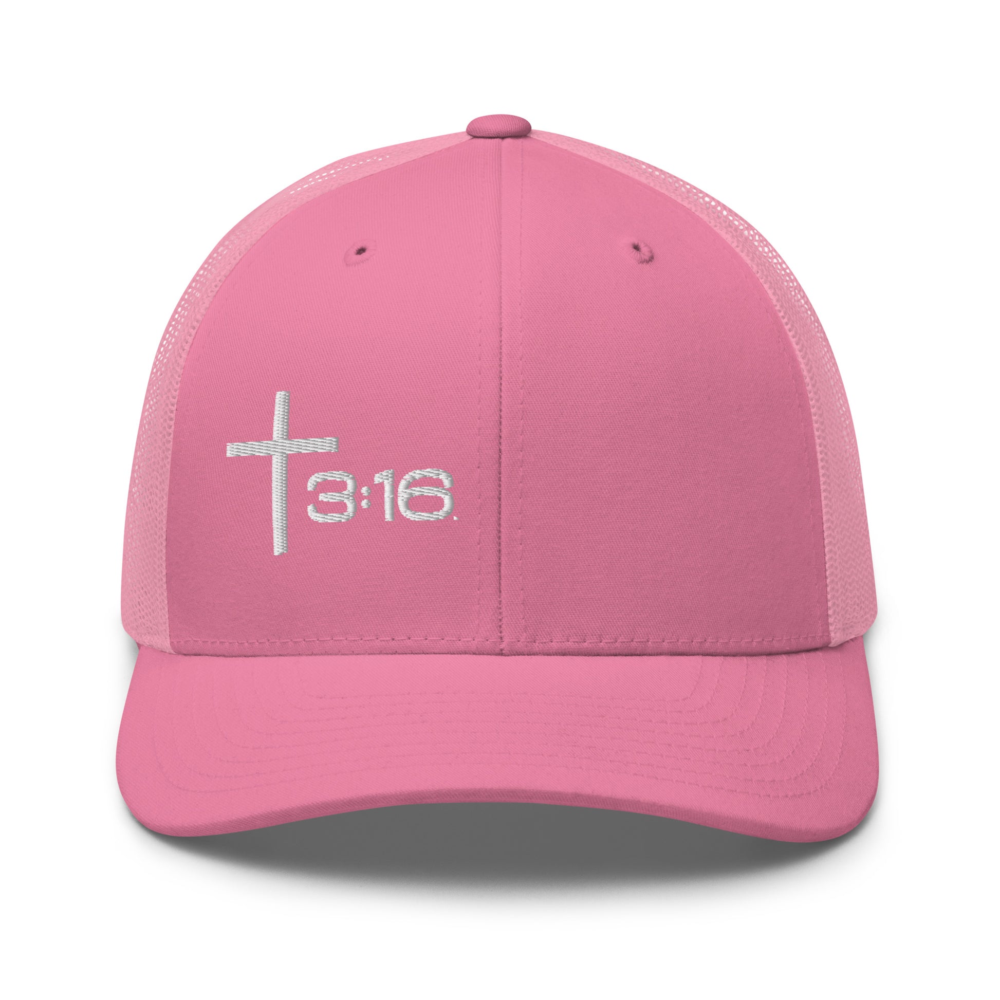 T316 Icon embroidered Christian trucker hat in pink — Trinity 3:16 faith apparel