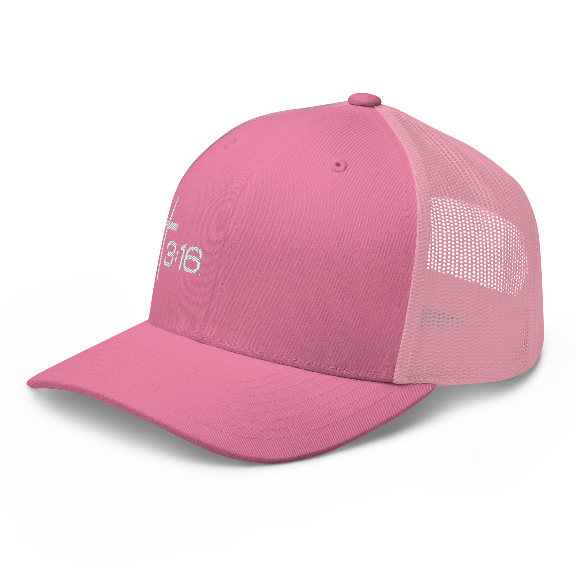 T316 Icon embroidered Christian trucker hat in pink — Trinity 3:16 faith apparel