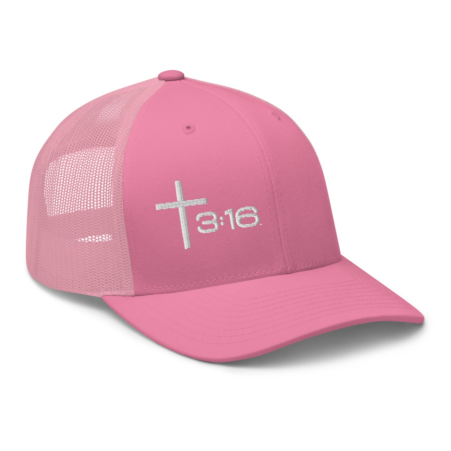 T316 Icon embroidered Christian trucker hat in pink — Trinity 3:16 faith apparel