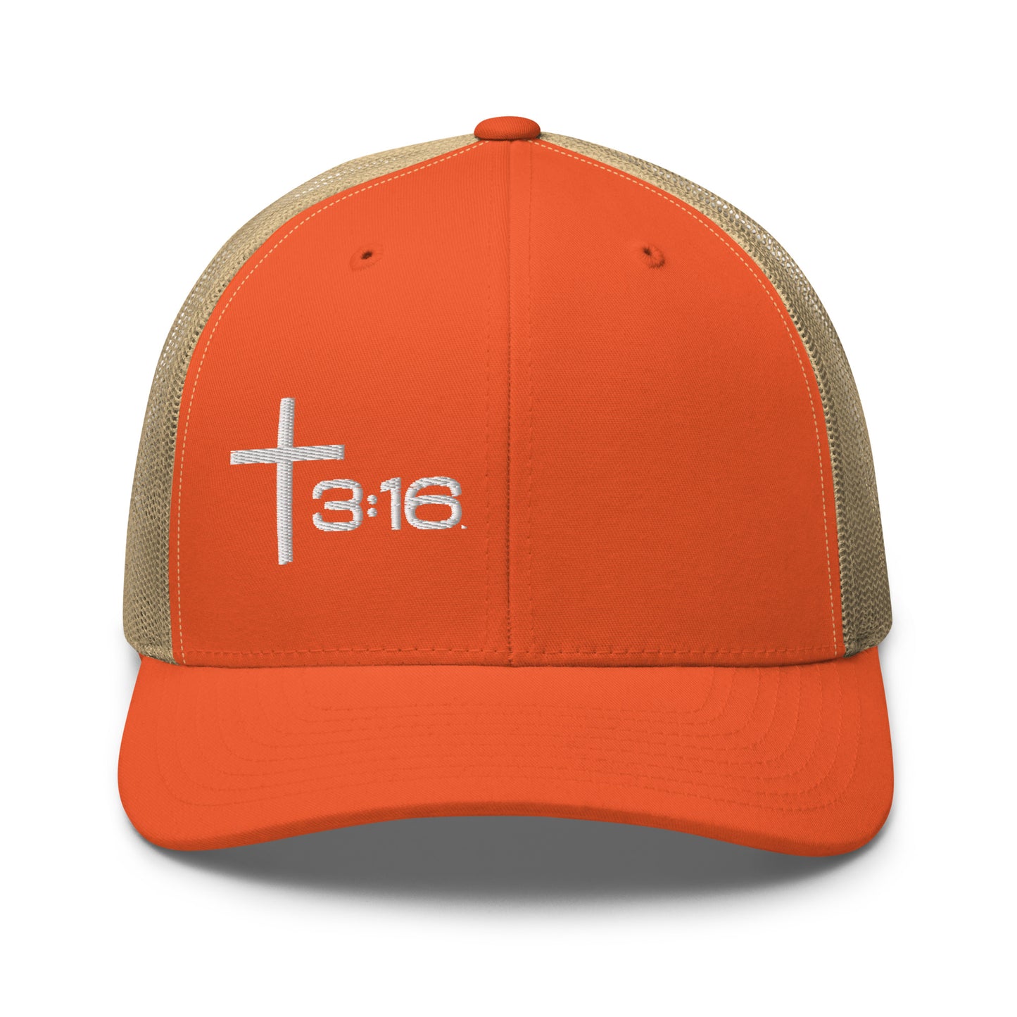 T316 Icon embroidered Christian trucker hat in rustic orange/Khaki — Trinity 3:16 faith apparel