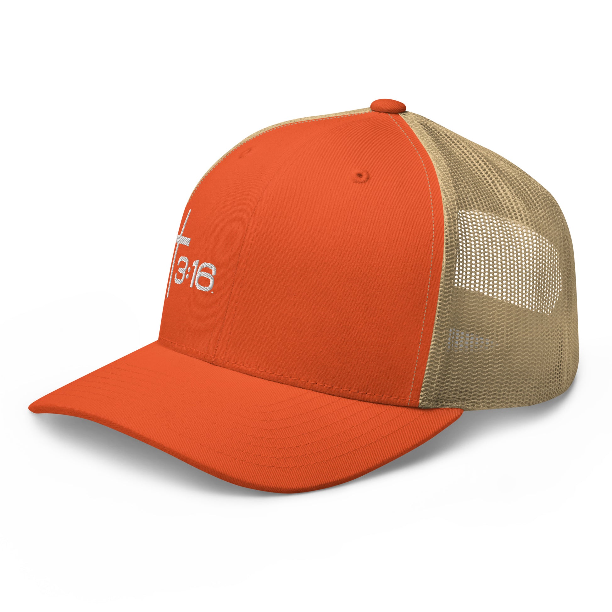 T316 Icon embroidered Christian trucker hat in rustic orange/Khaki — Trinity 3:16 faith apparel