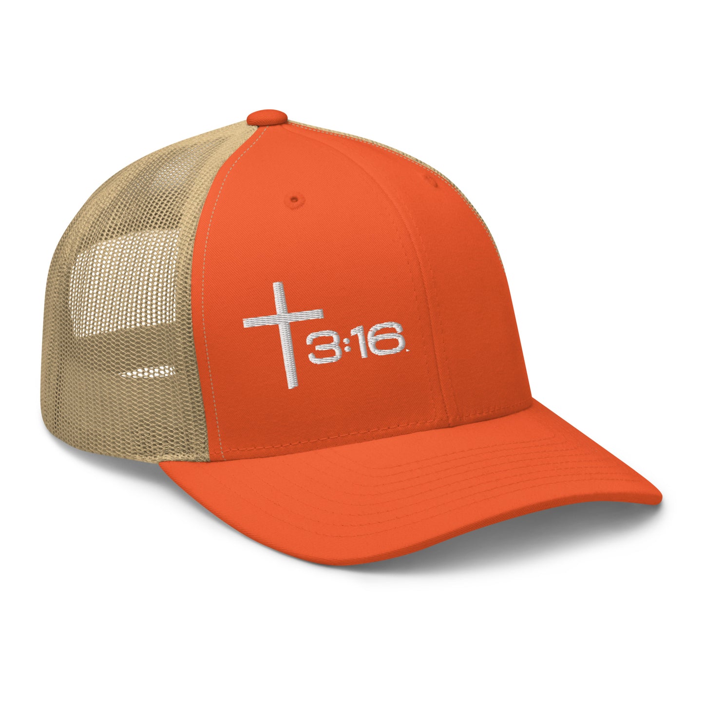 T316 Icon embroidered Christian trucker hat in rustic orange/Khaki — Trinity 3:16 faith apparel