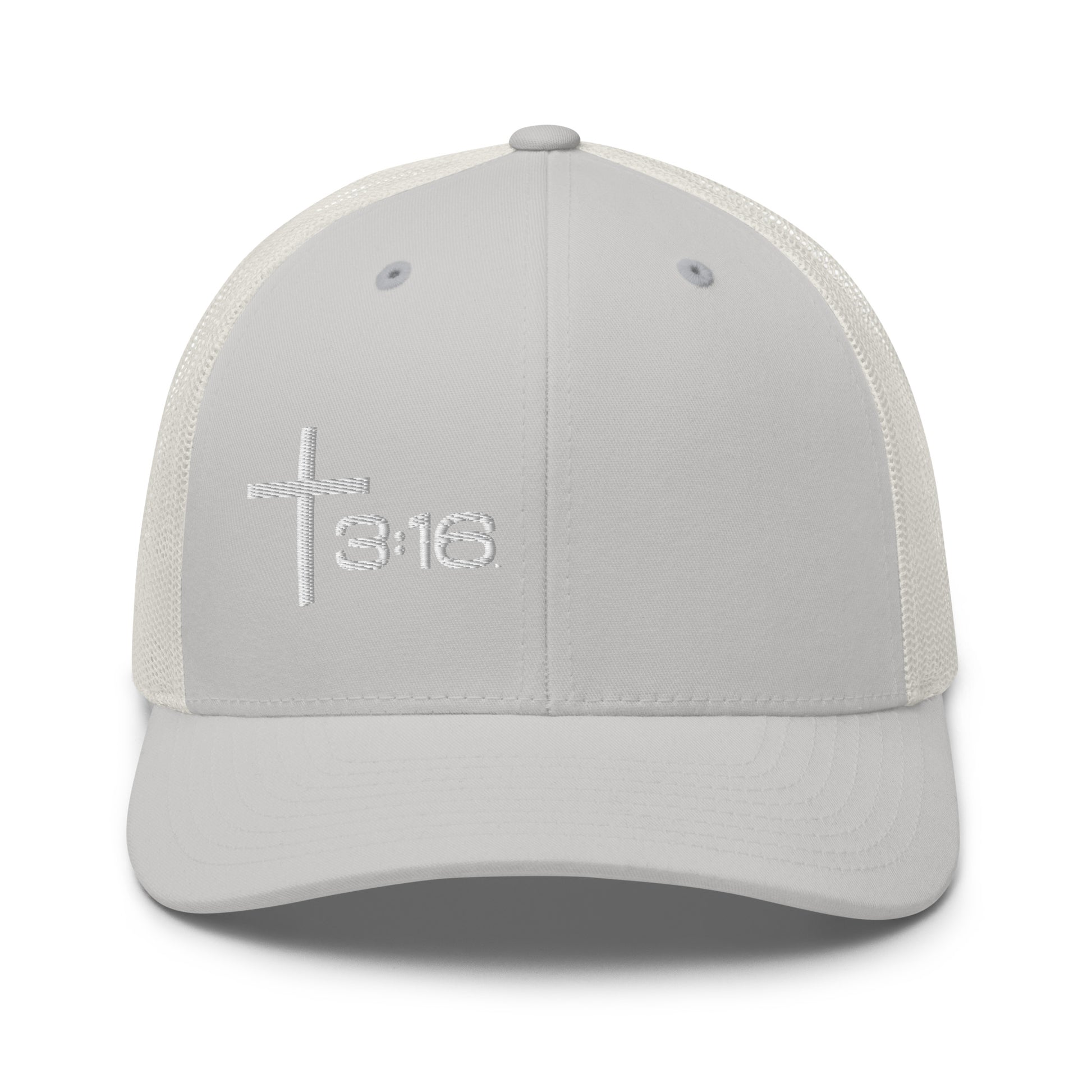 T316 Icon embroidered Christian trucker hat in silver — Trinity 3:16 faith apparel
