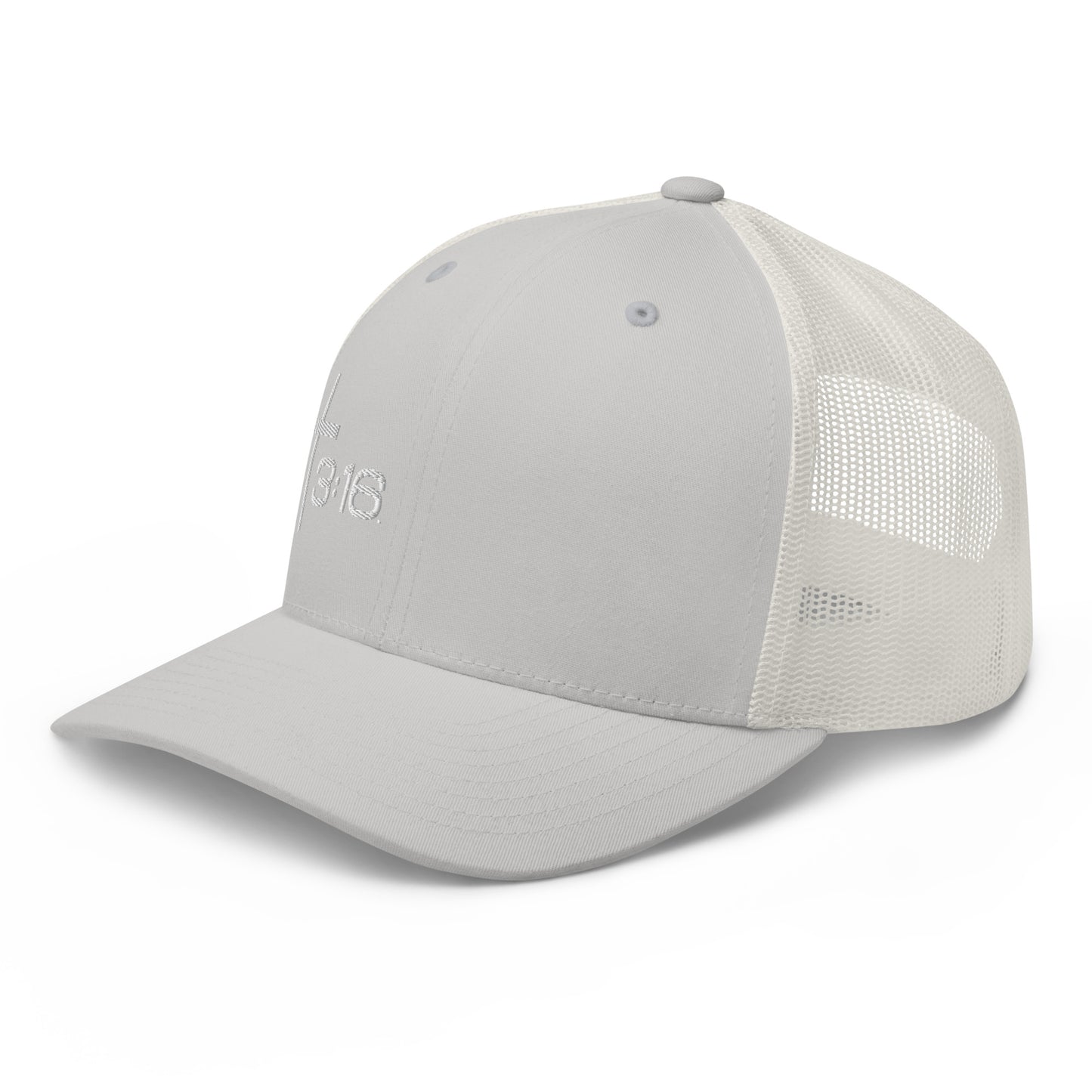 T316 Icon embroidered Christian trucker hat in silver — Trinity 3:16 faith apparel