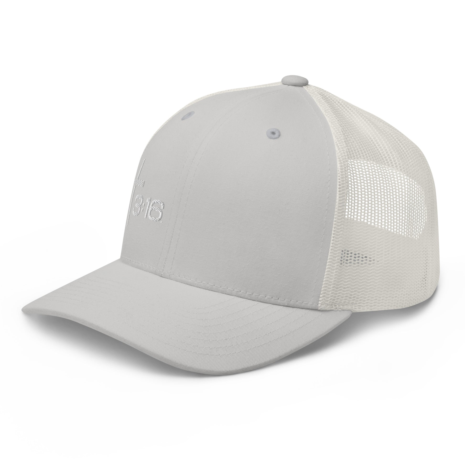 T316 Icon embroidered Christian trucker hat in silver — Trinity 3:16 faith apparel